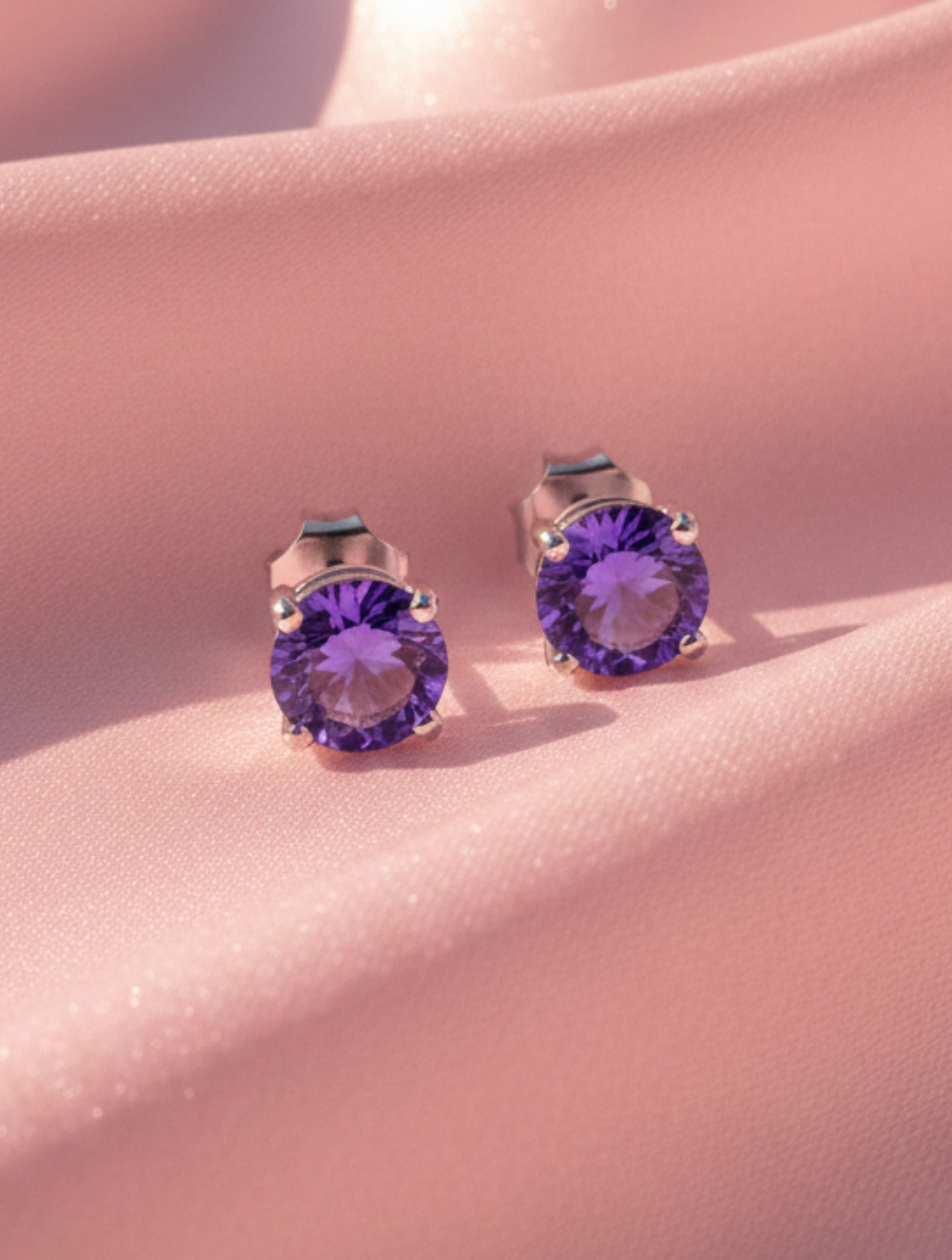 Natural Purple Amethyst Stud Earrings in 925 Sterling Silver | Round Brilliant Cut Solitaire