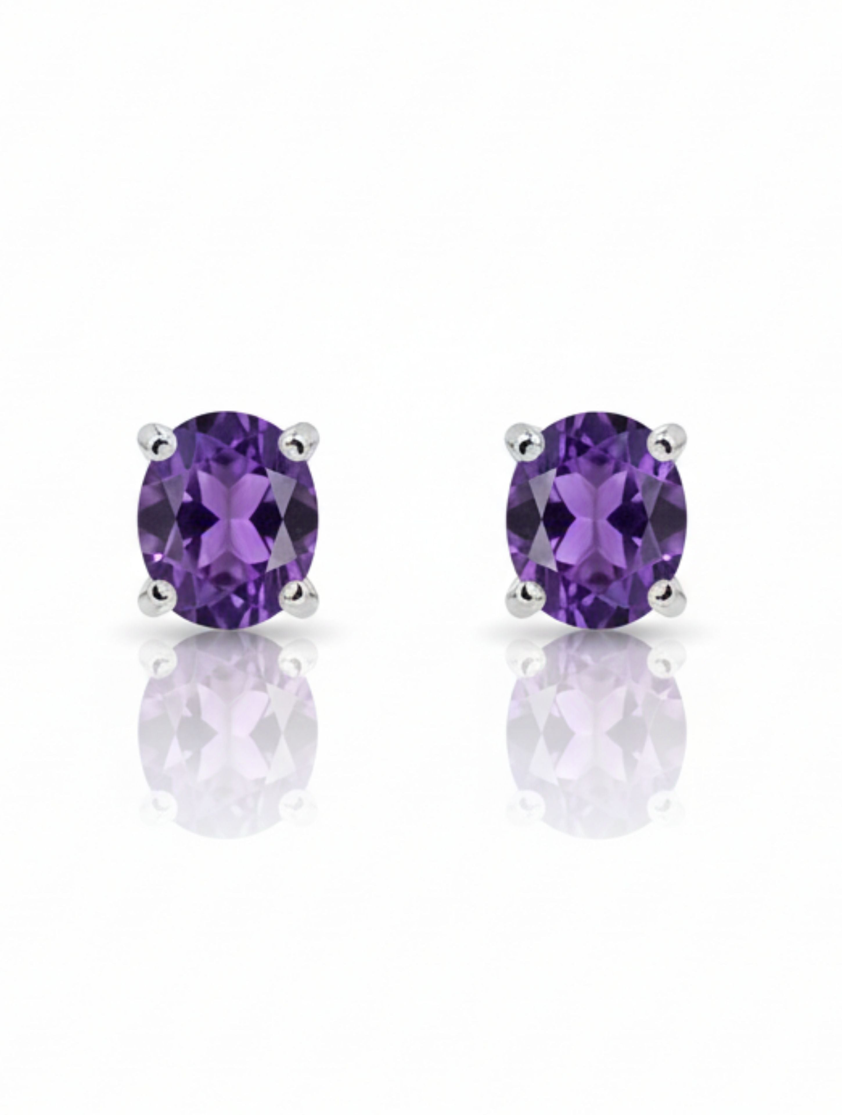 Natural Purple Amethyst Stud Earrings in 925 Sterling Silver | Round Brilliant Cut Solitaire