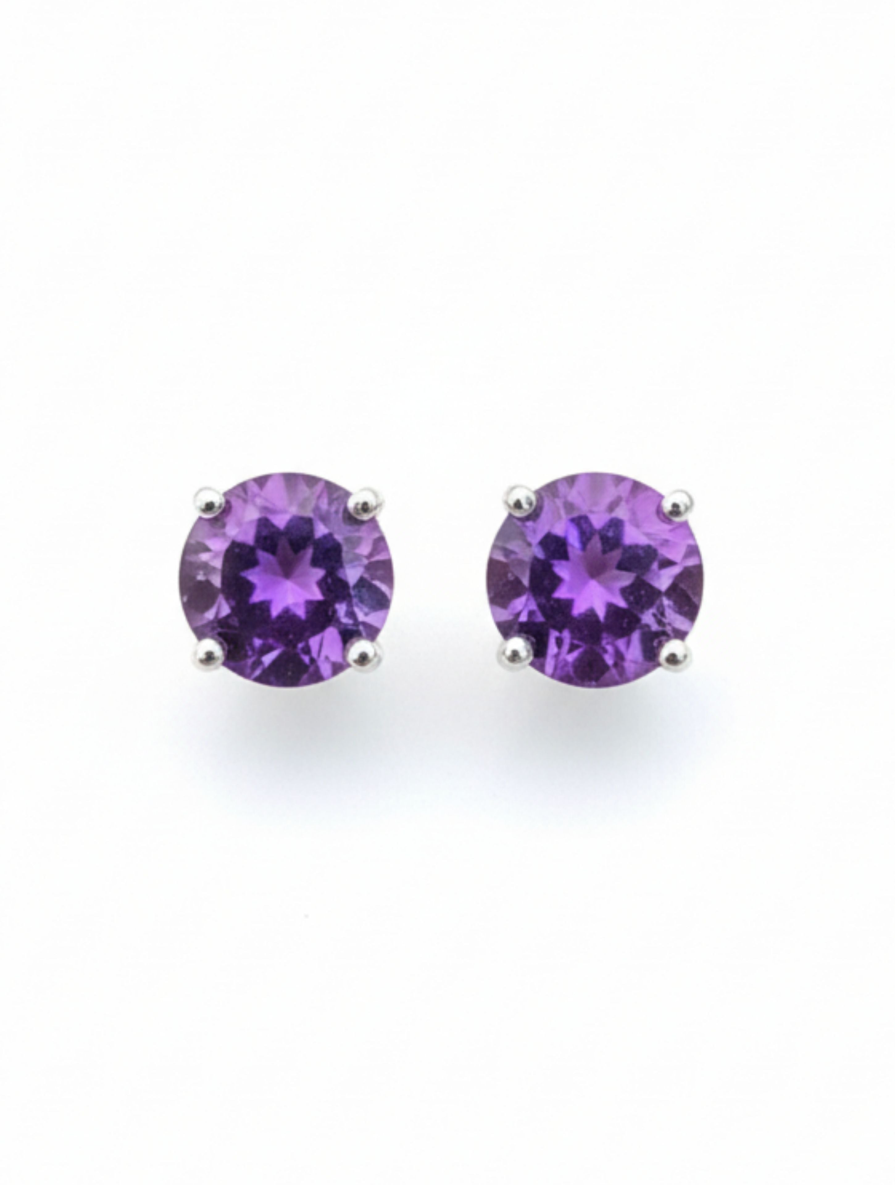 Natural Amethyst Round-Cut Stud Earrings in 925 Sterling Silver