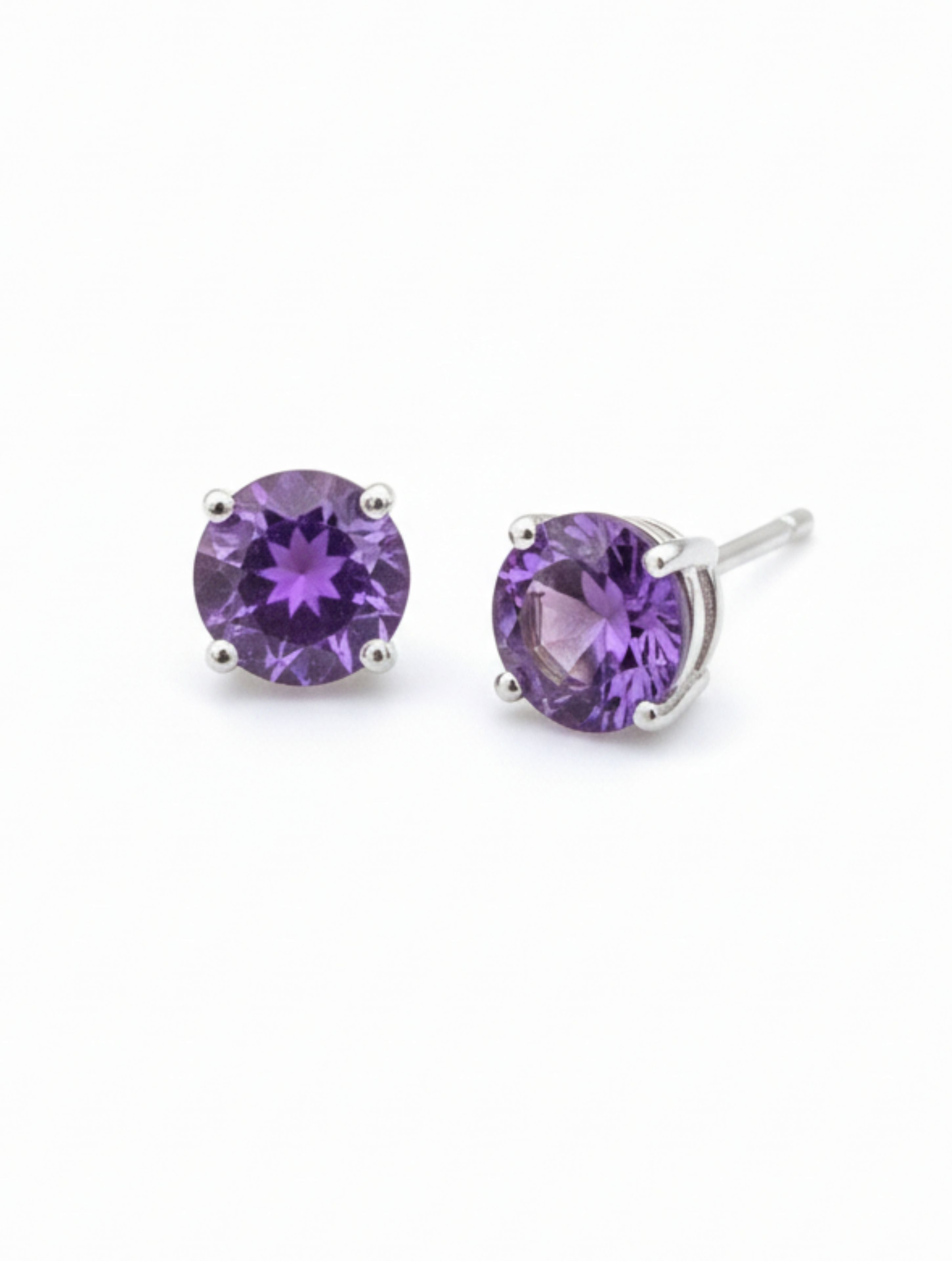 Natural Amethyst Round-Cut Stud Earrings in 925 Sterling Silver