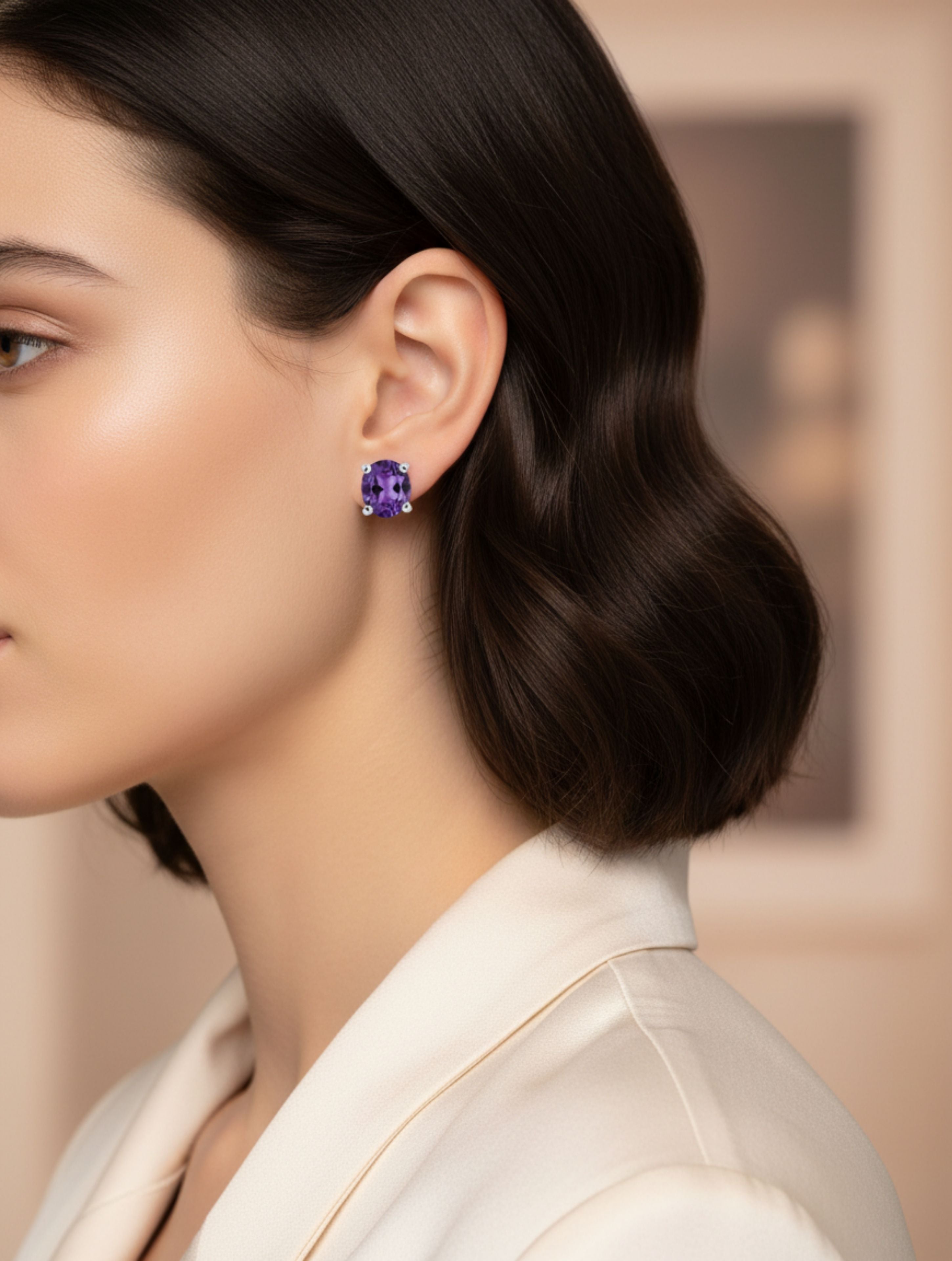 Natural Amethyst Round-Cut Stud Earrings in 925 Sterling Silver