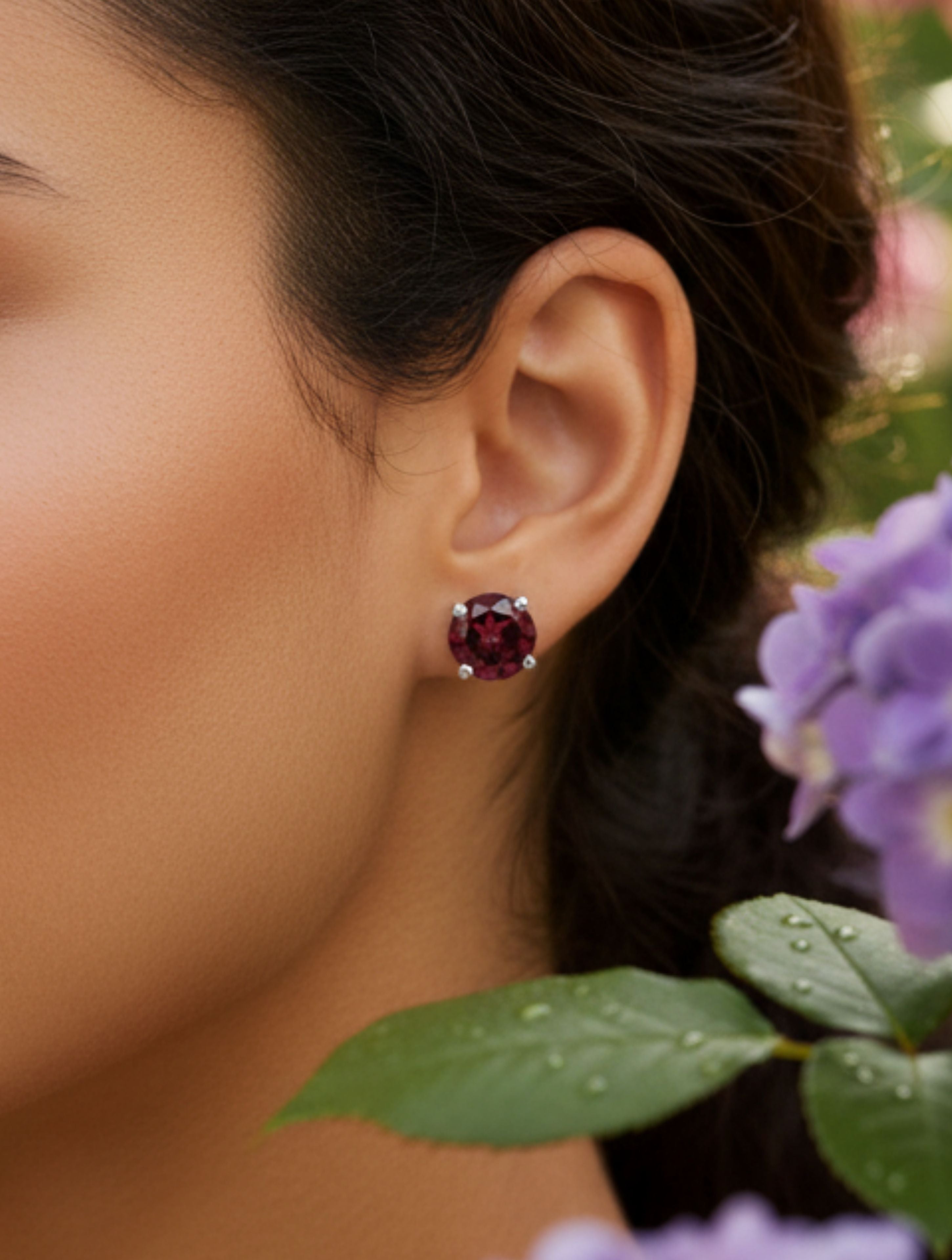 Natural Garnet Stud Earrings in 925 Sterling Silver