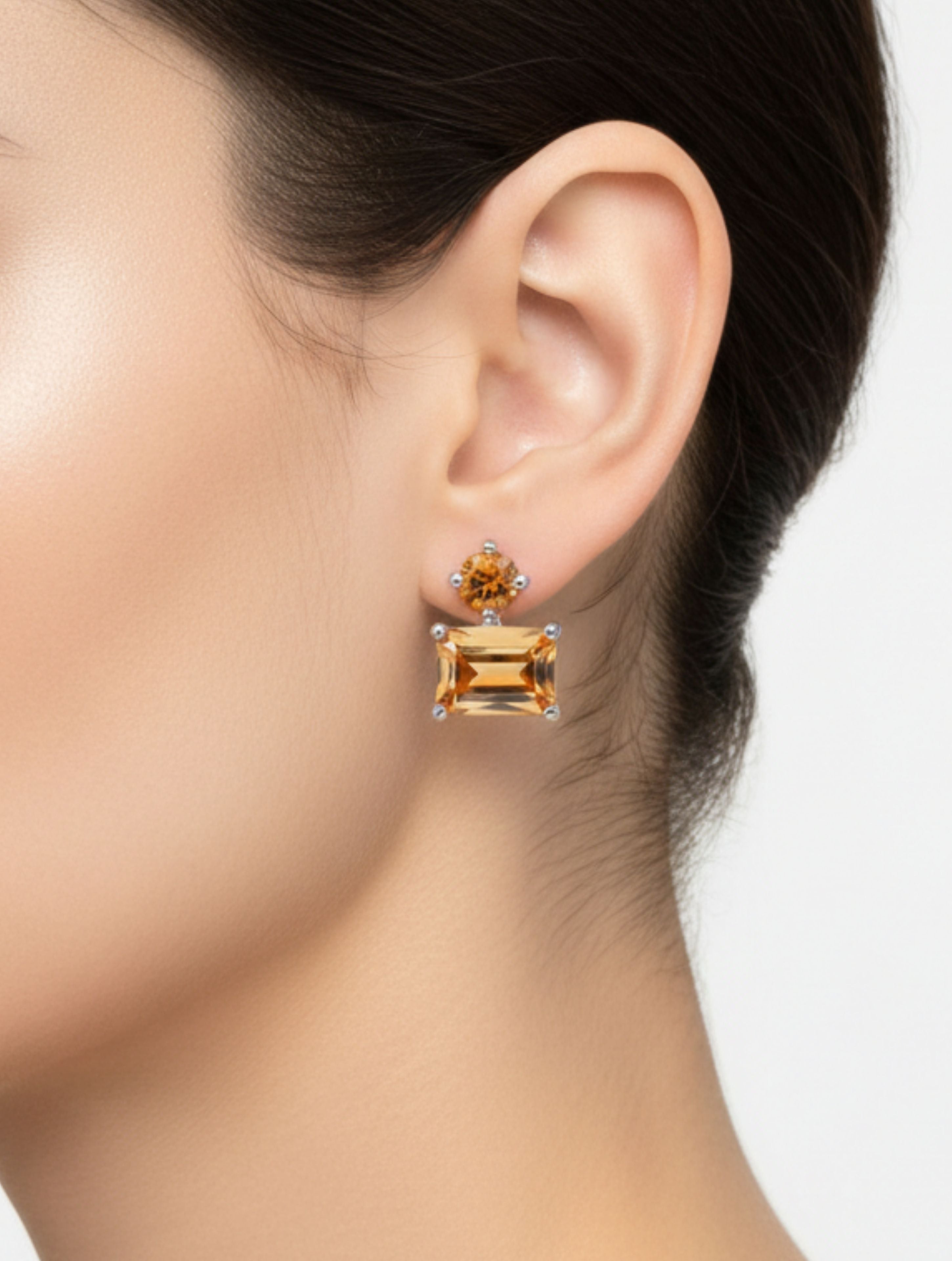 Natural Citrine Golden Emerald-Cut Studs in 925 Sterling Silver