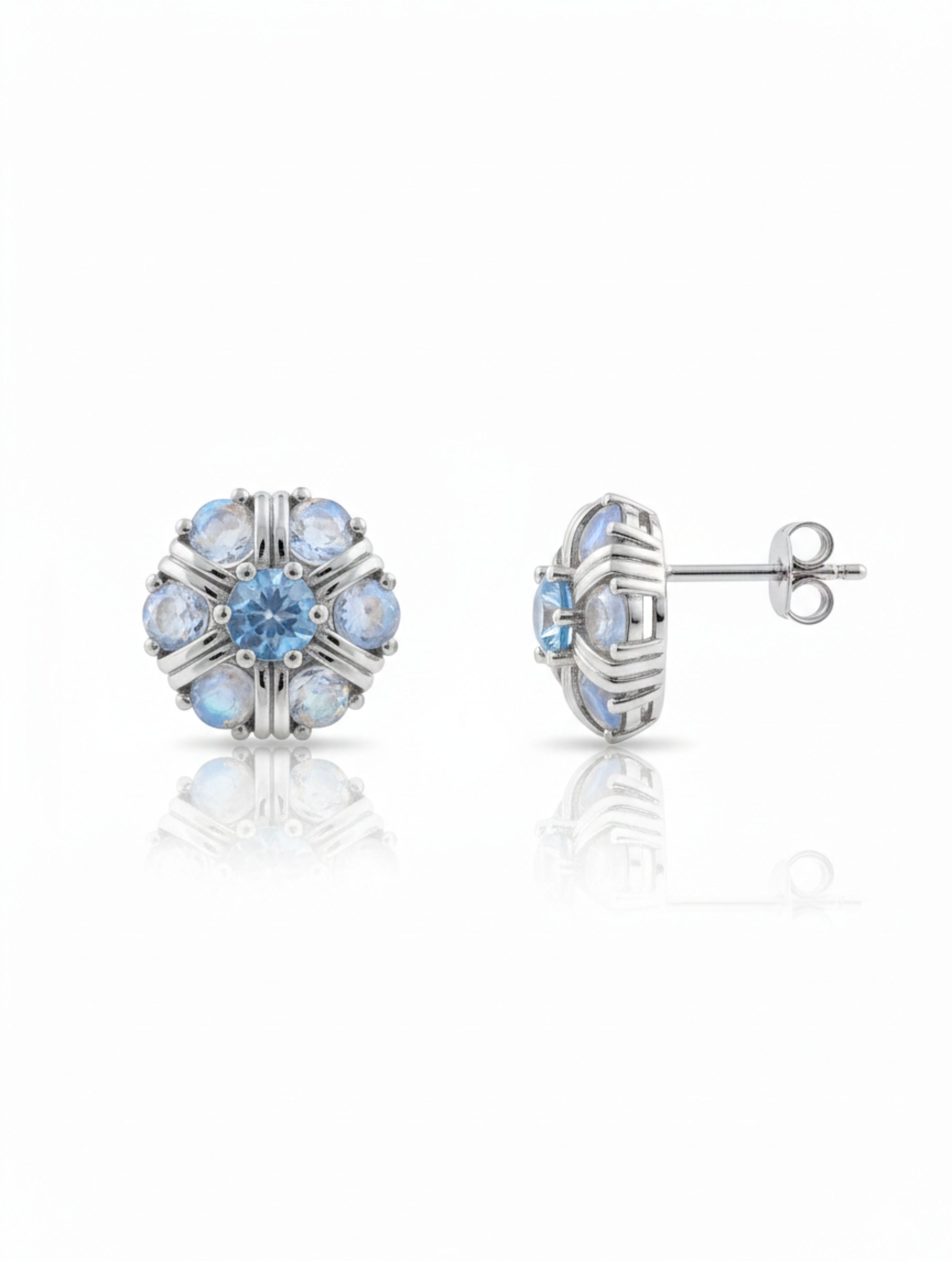 Moonstone & Blue Topaz Floral Studs in Sterling Silver