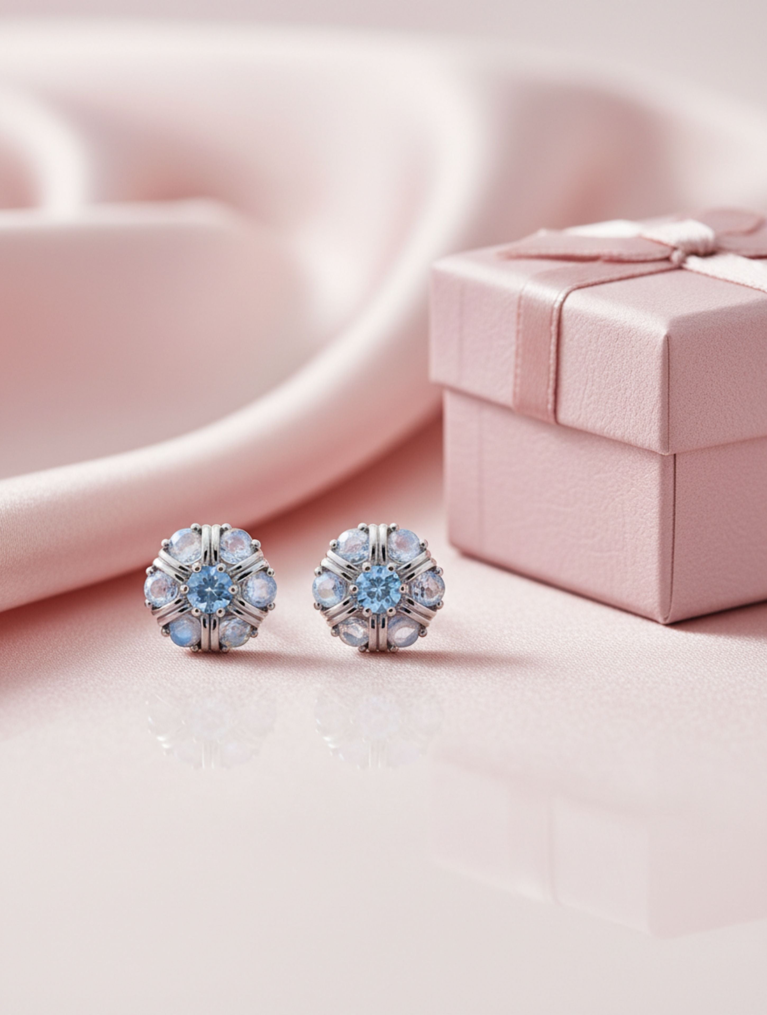 Moonstone & Blue Topaz Floral Studs in Sterling Silver