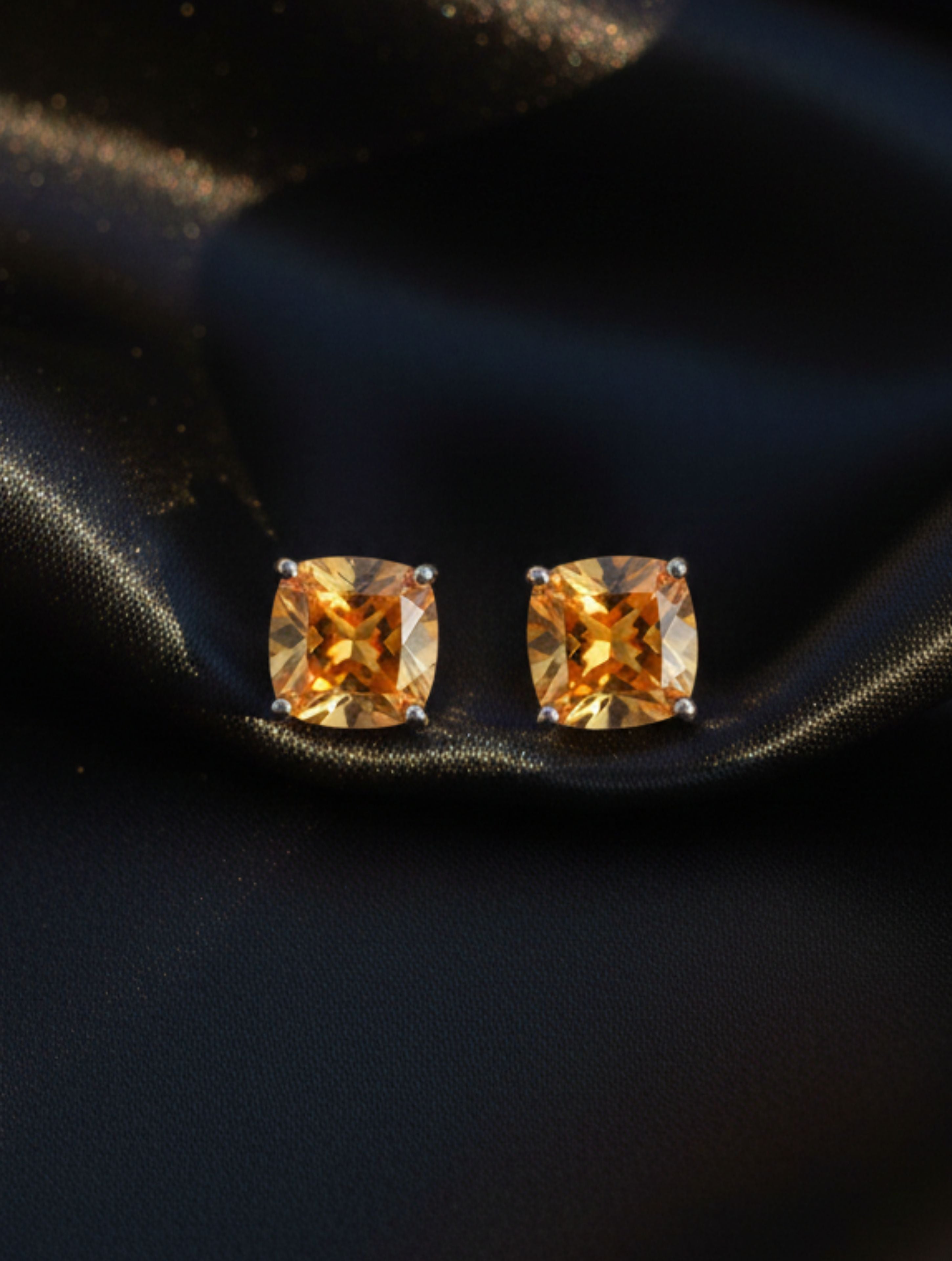 Cushion-Cut Natural Citrine Stud Earrings in 925 Sterling Silver