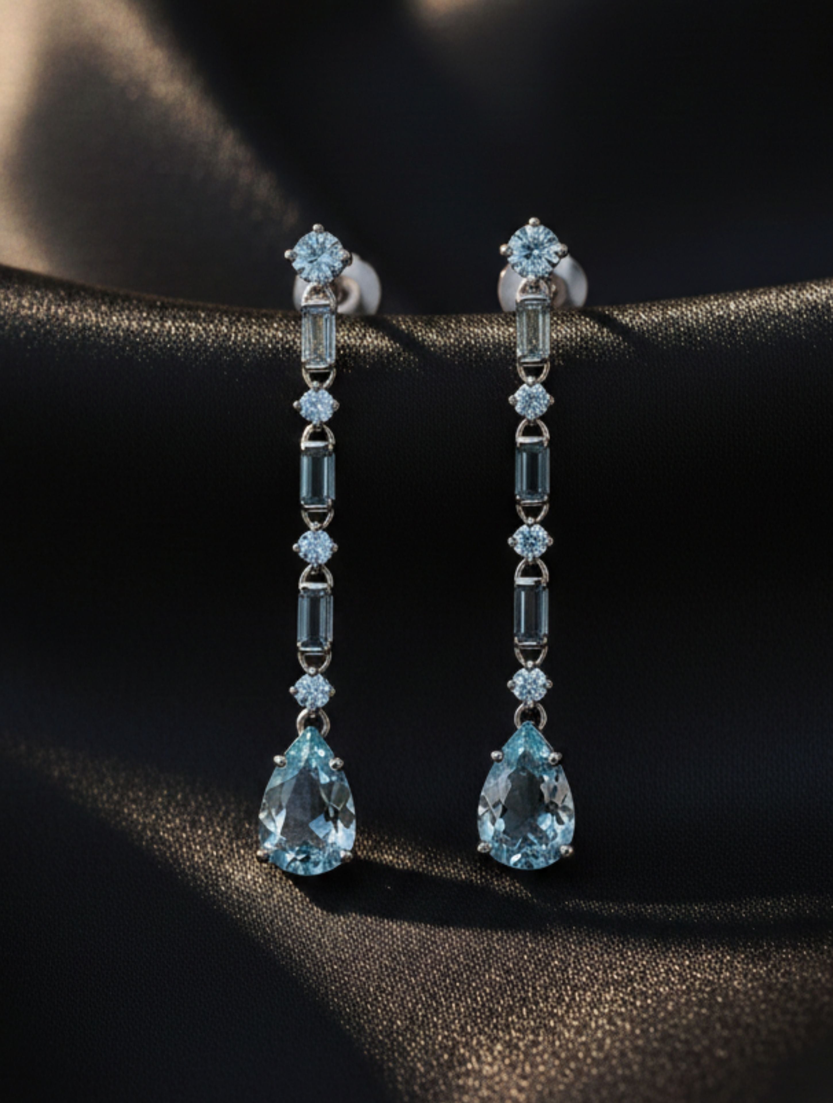 Aquamarine & 925 Sterling Silver Multi-Shape Linear Drop Earrings