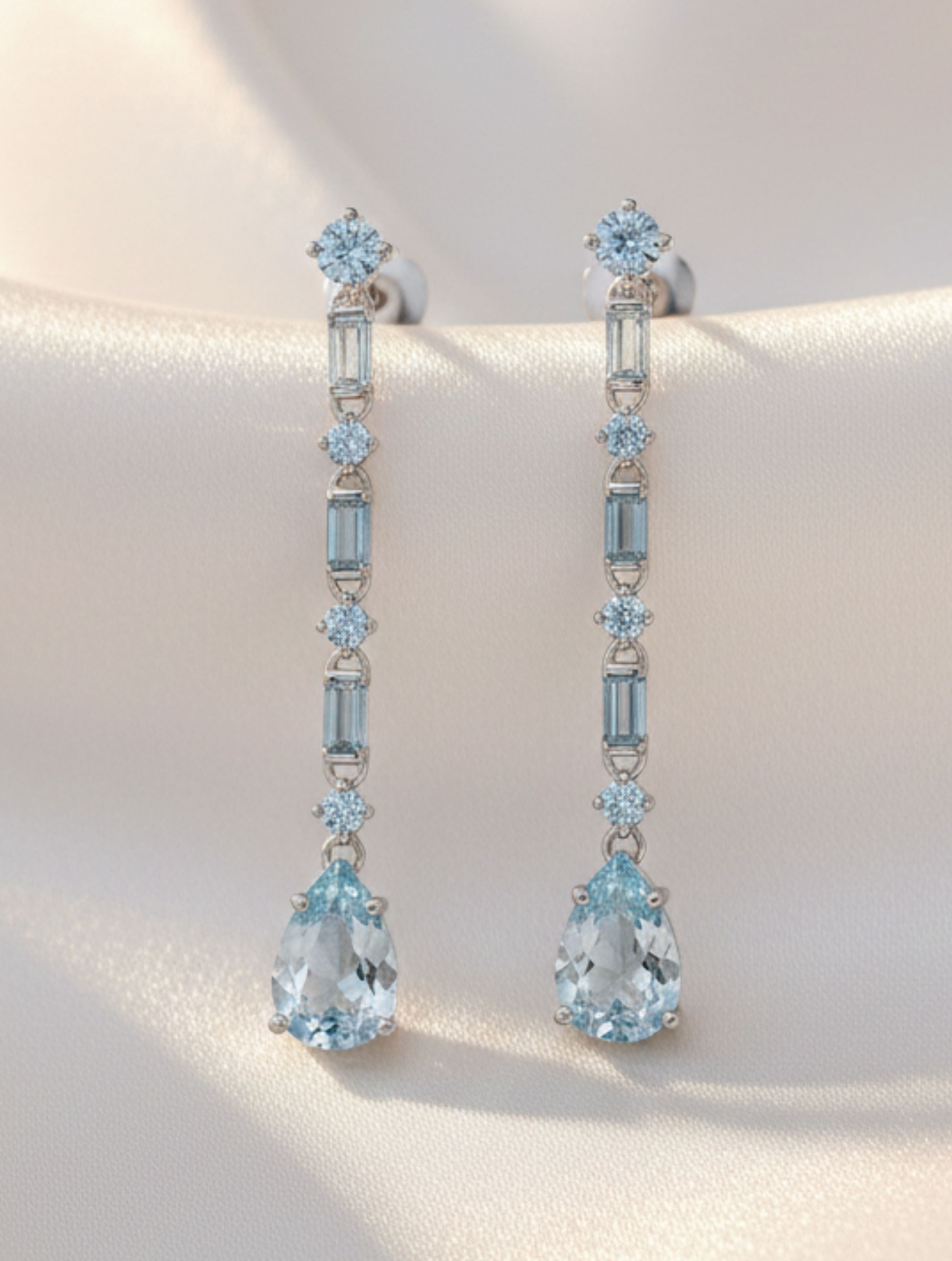 Aquamarine & 925 Sterling Silver Multi-Shape Linear Drop Earrings