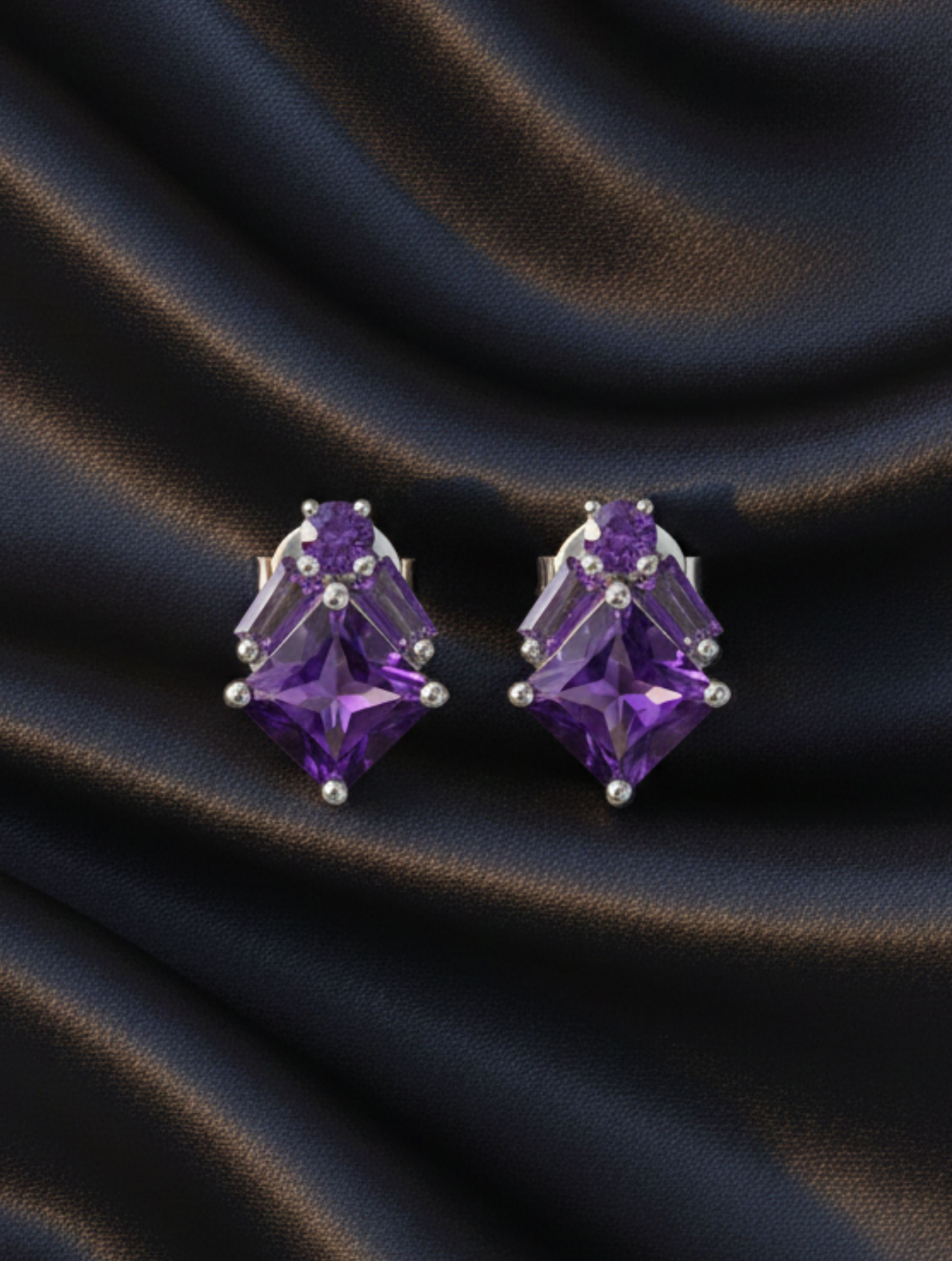 Natural Amethyst Geometric Stud Earrings in 925 Sterling Silver