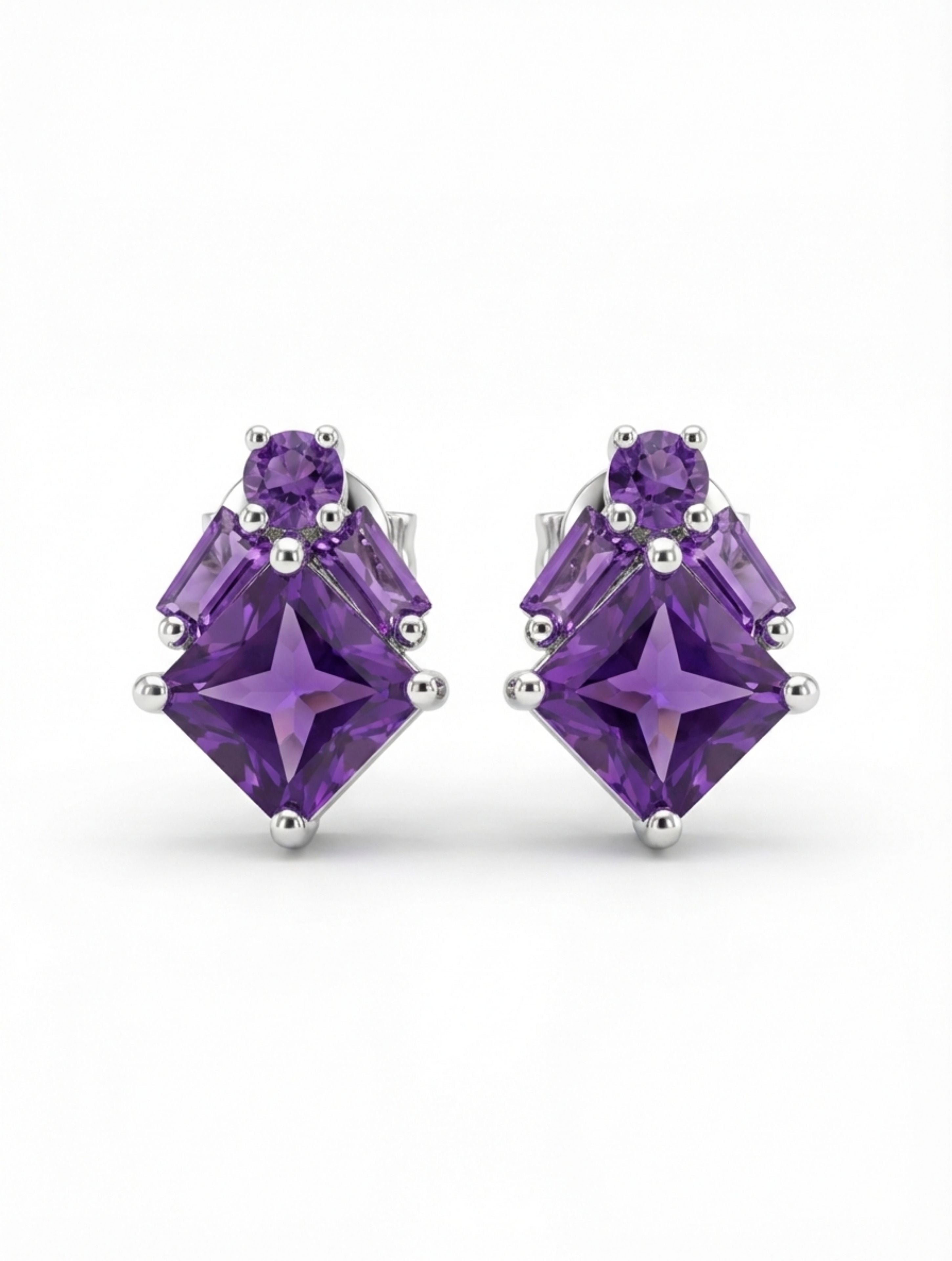 Natural Amethyst Geometric Stud Earrings in 925 Sterling Silver