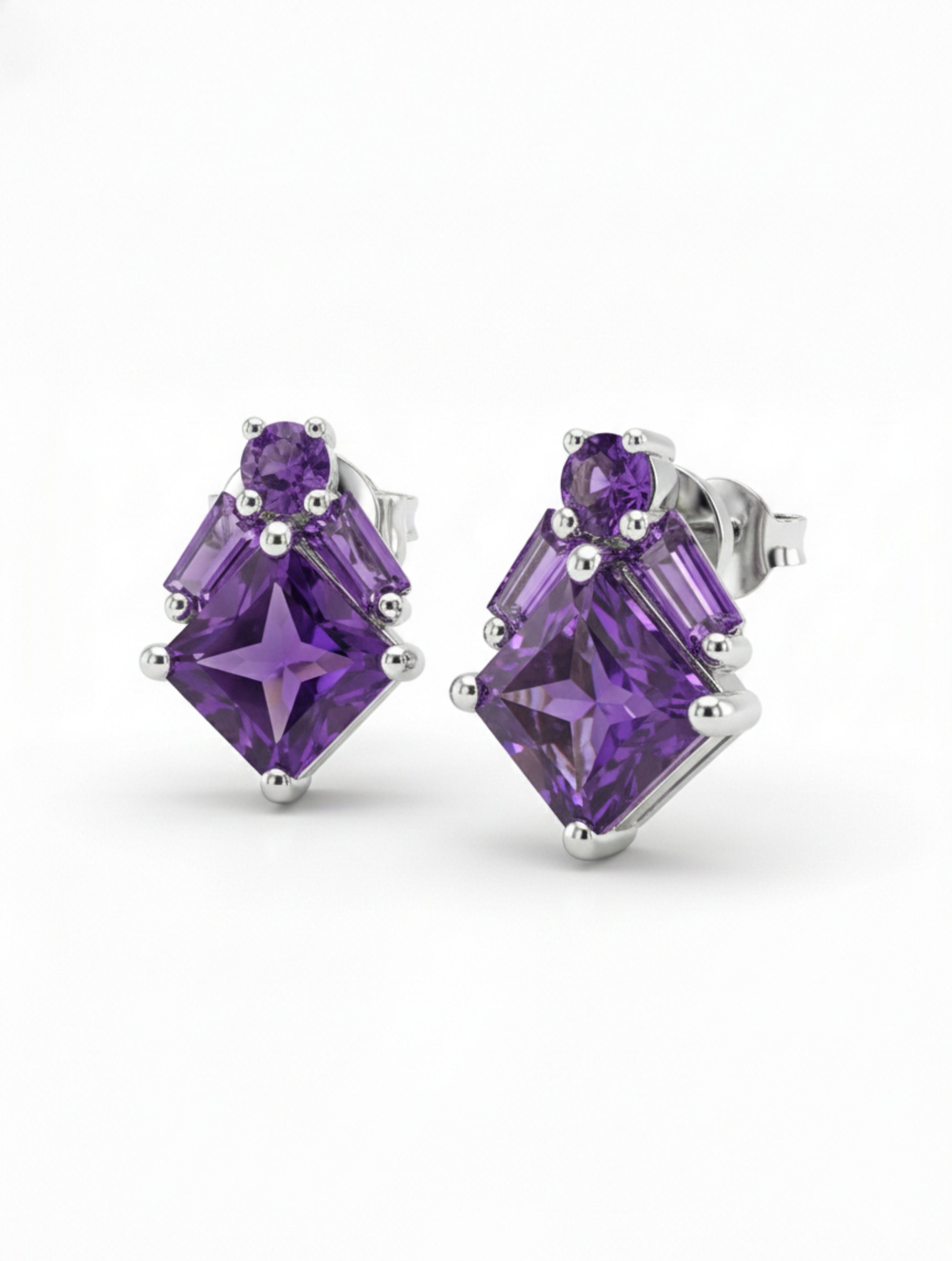 Natural Amethyst Geometric Stud Earrings in 925 Sterling Silver