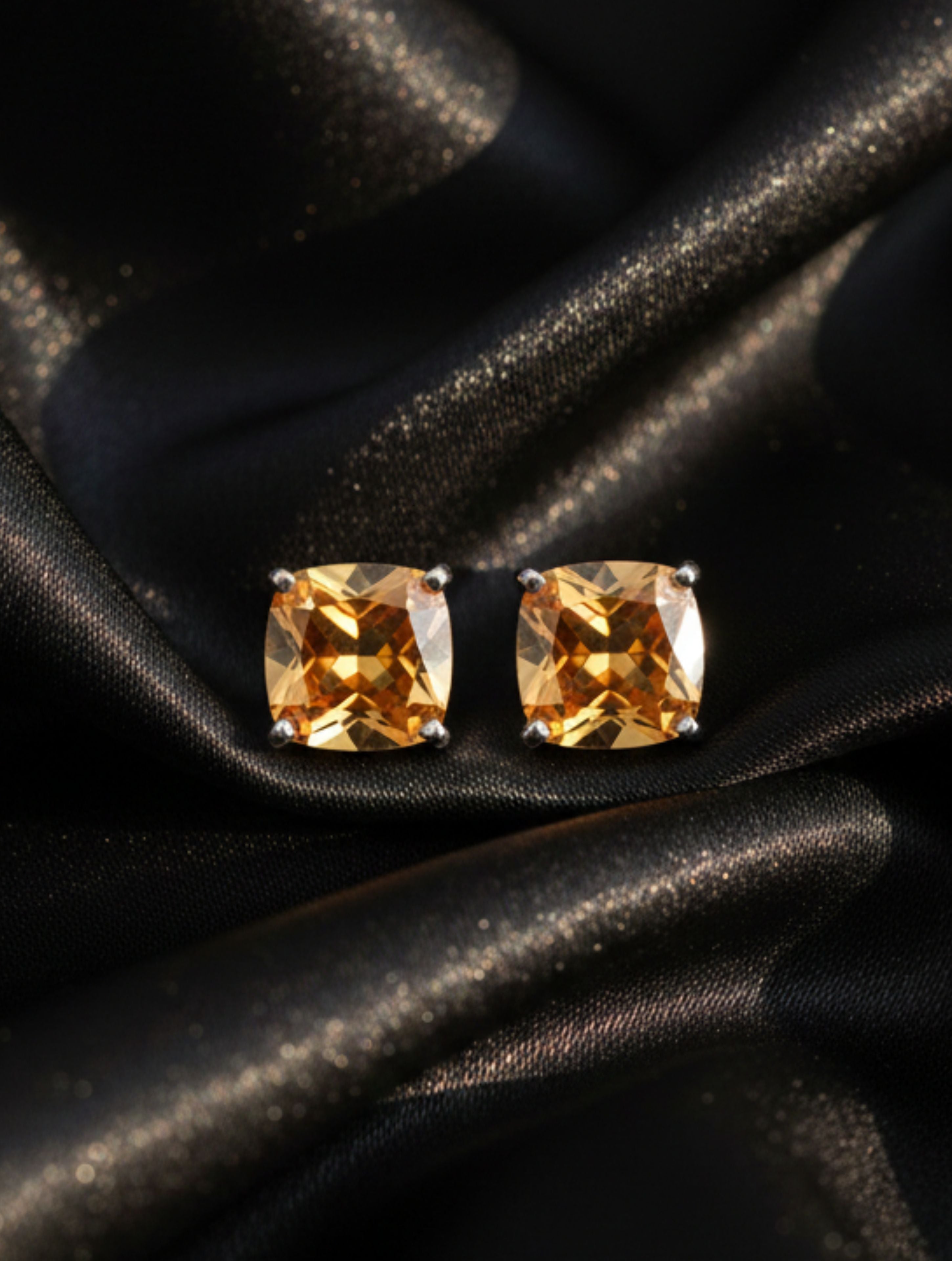 Cushion-Cut Natural Citrine Stud Earrings in 925 Sterling Silver