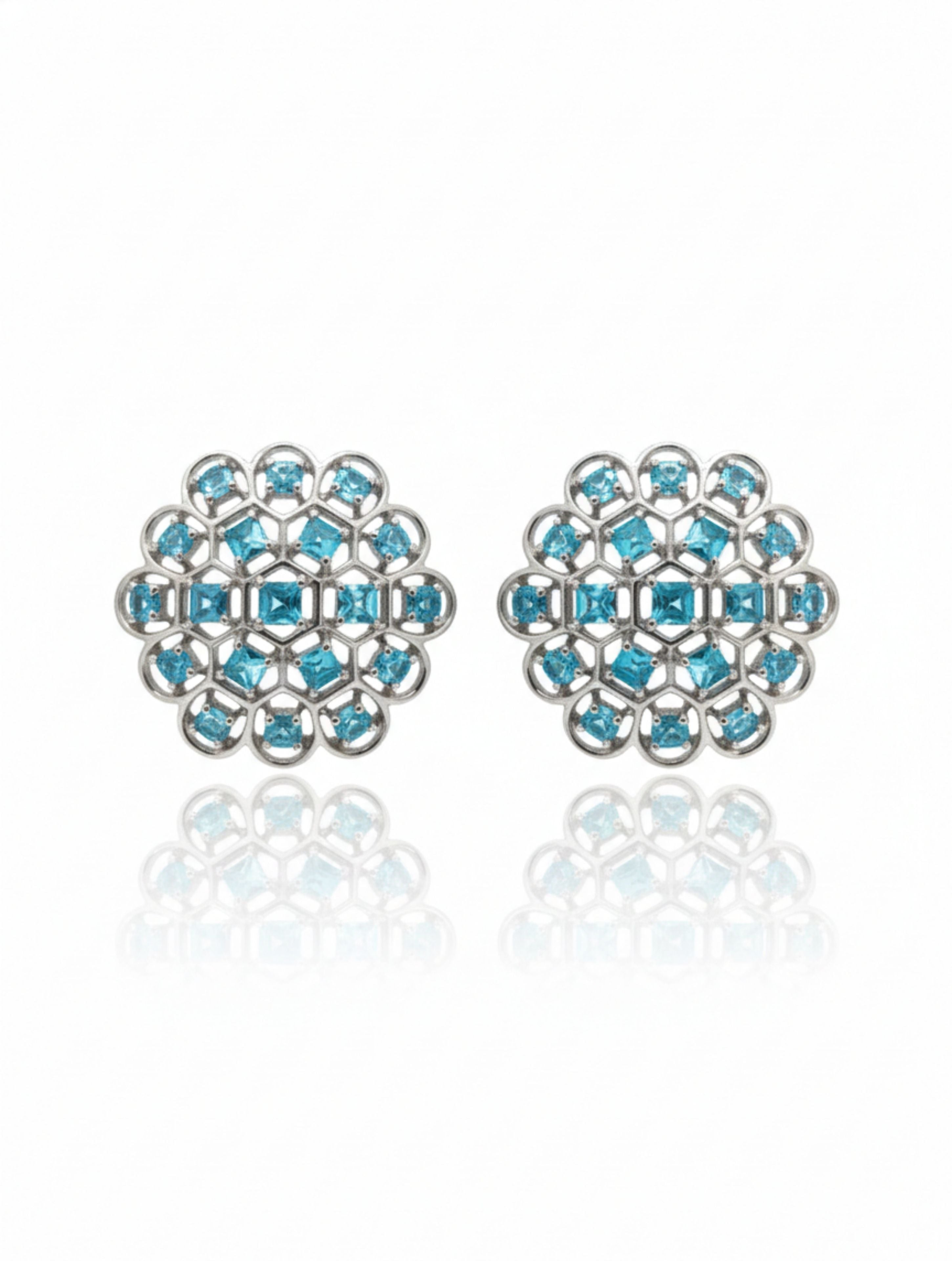 Blue Topaz Honeycomb Statement Studs Solid 925 Silver