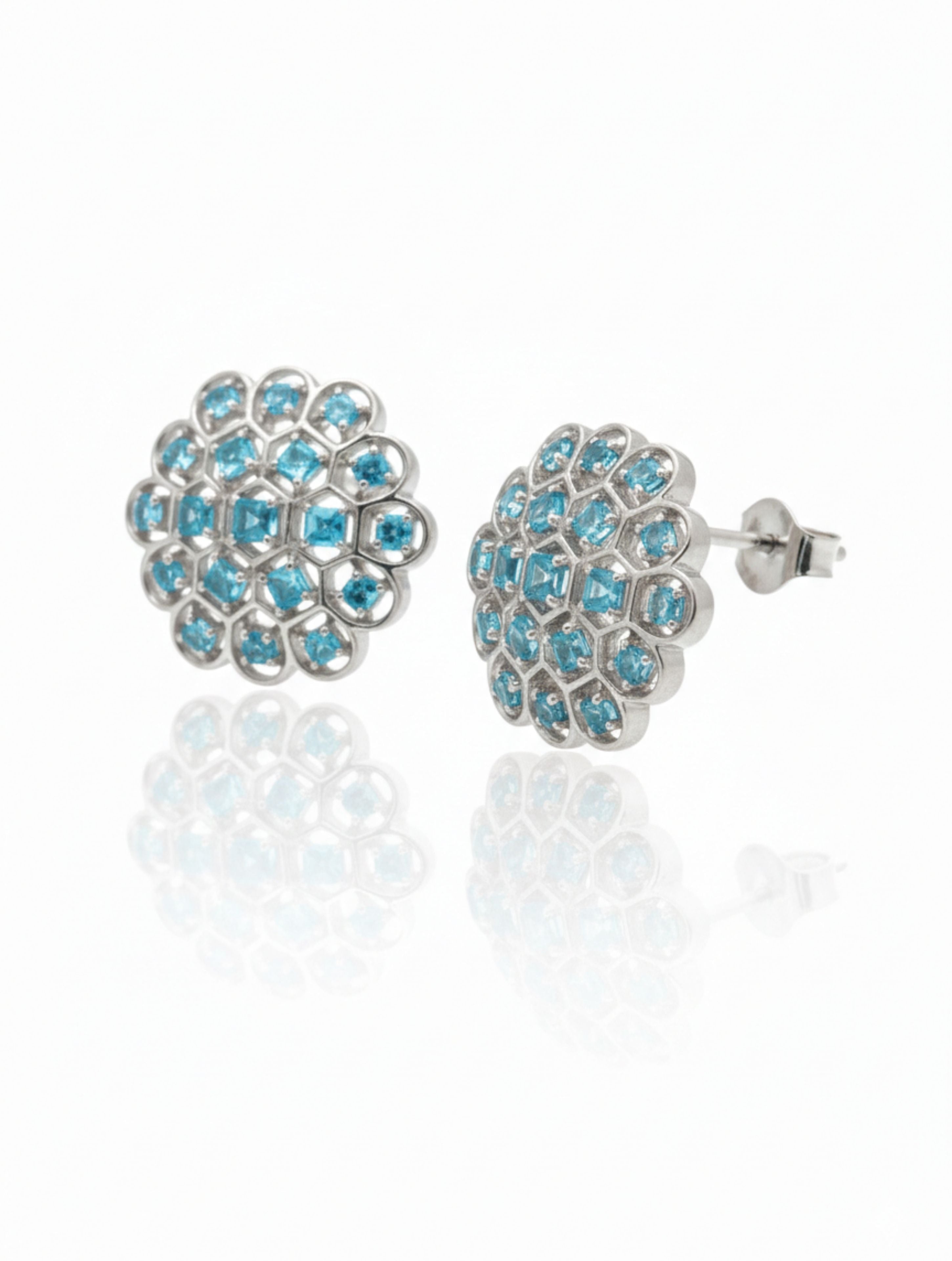 Blue Topaz Honeycomb Statement Studs Solid 925 Silver