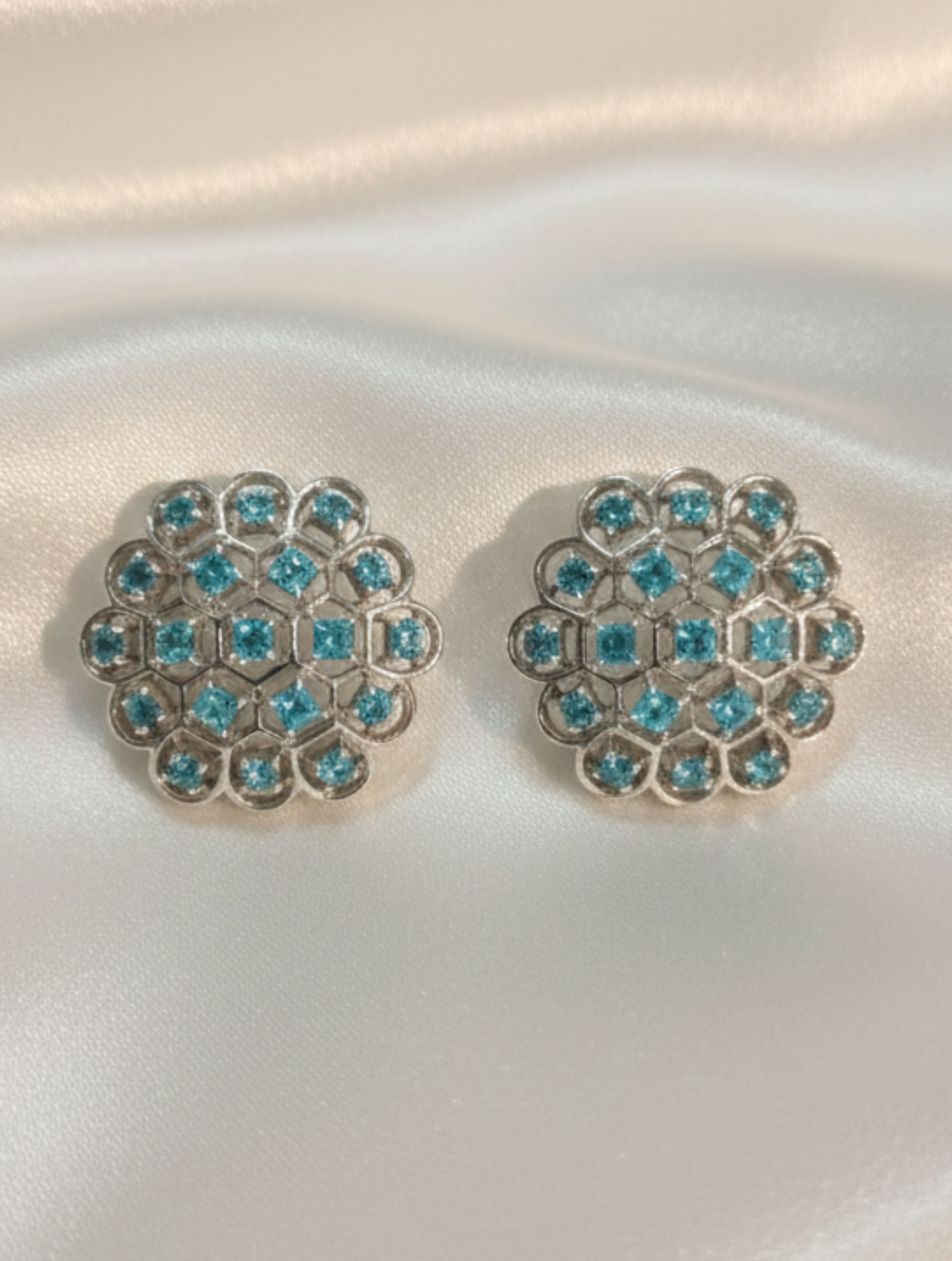 Blue Topaz Honeycomb Statement Studs Solid 925 Silver
