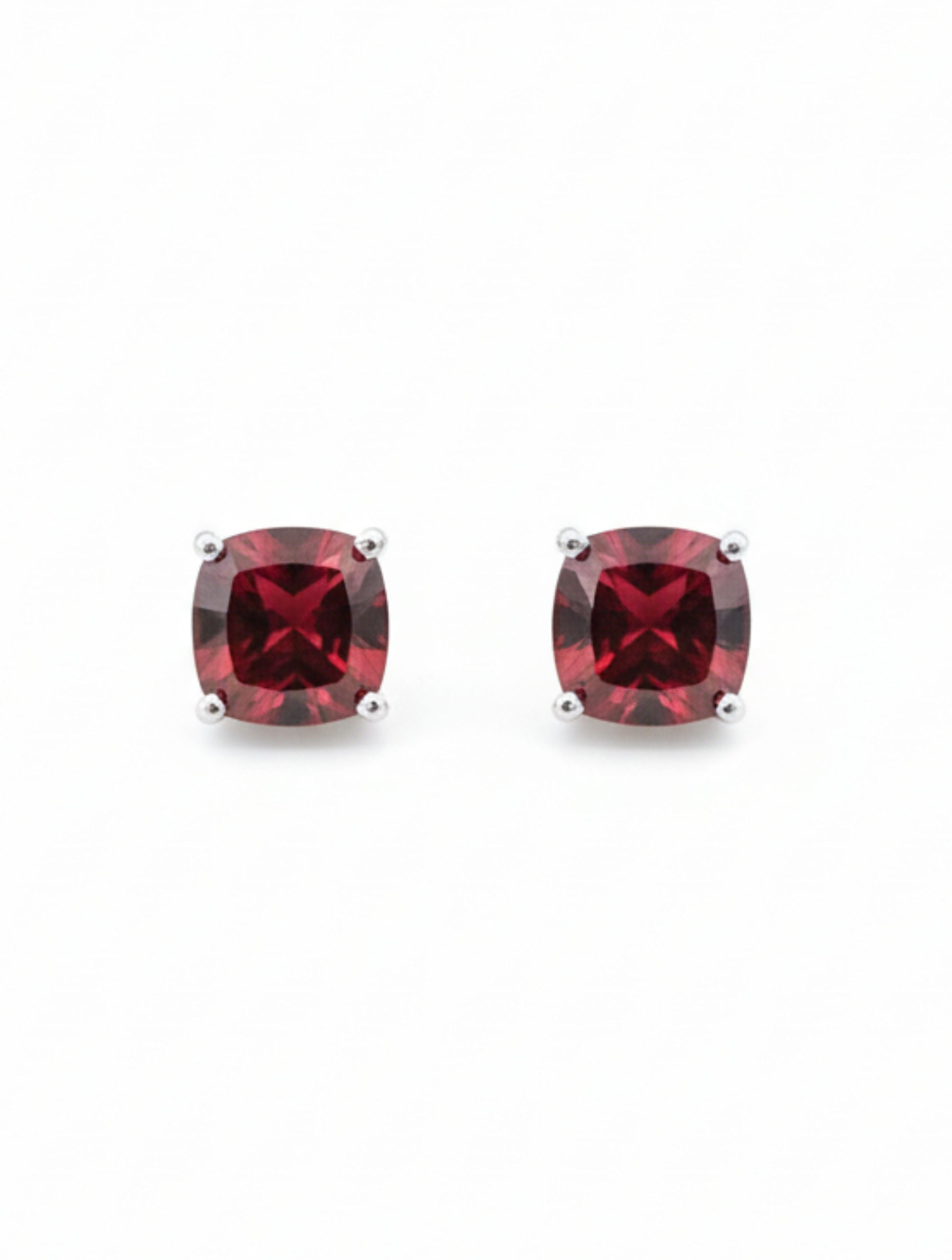 Cushion-Cut Natural Garnet Stud Earrings in 925 Sterling Silver
