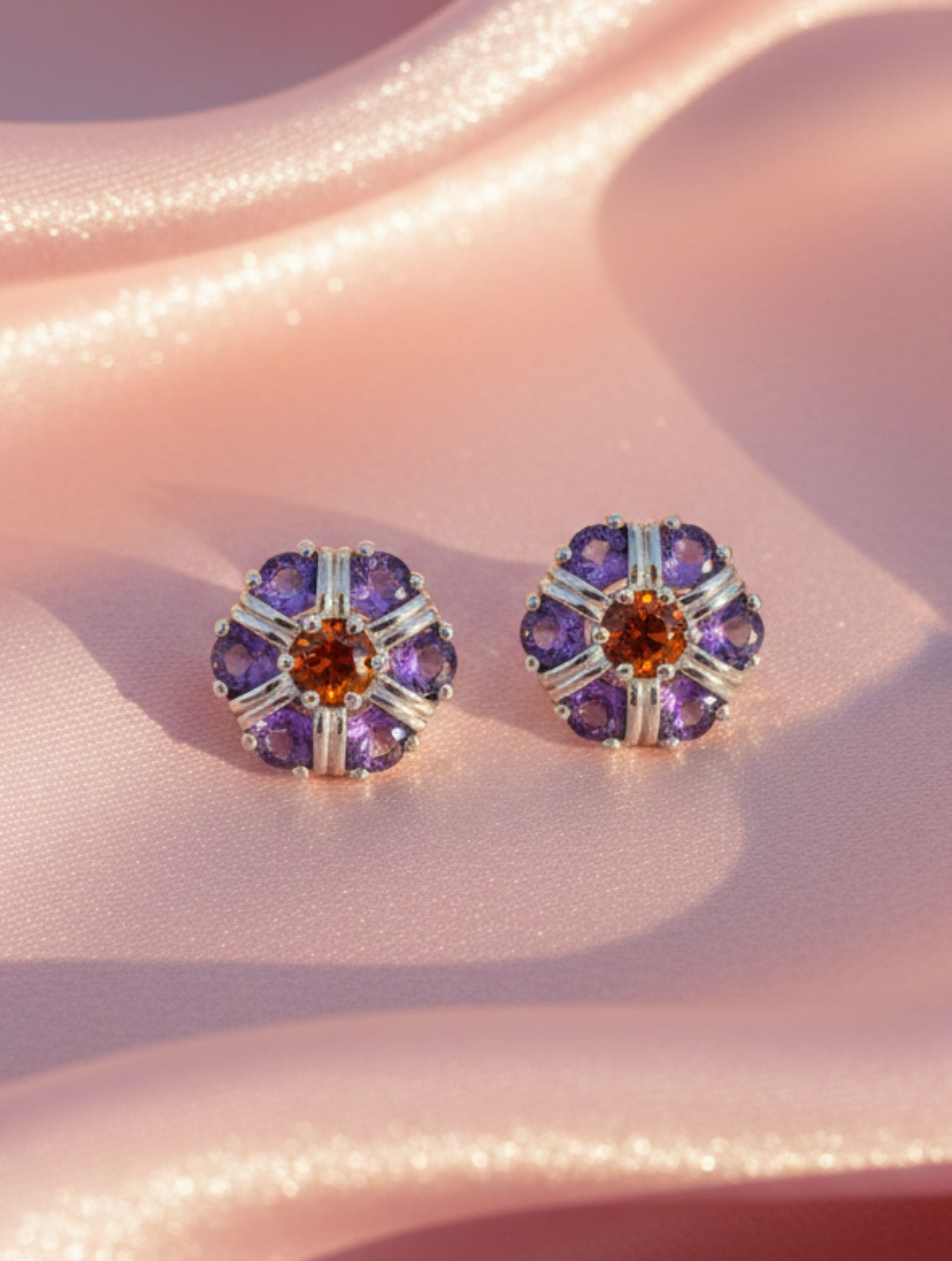 Amethyst and Citrine Studs Earrings 925 Sterling Silver For Women