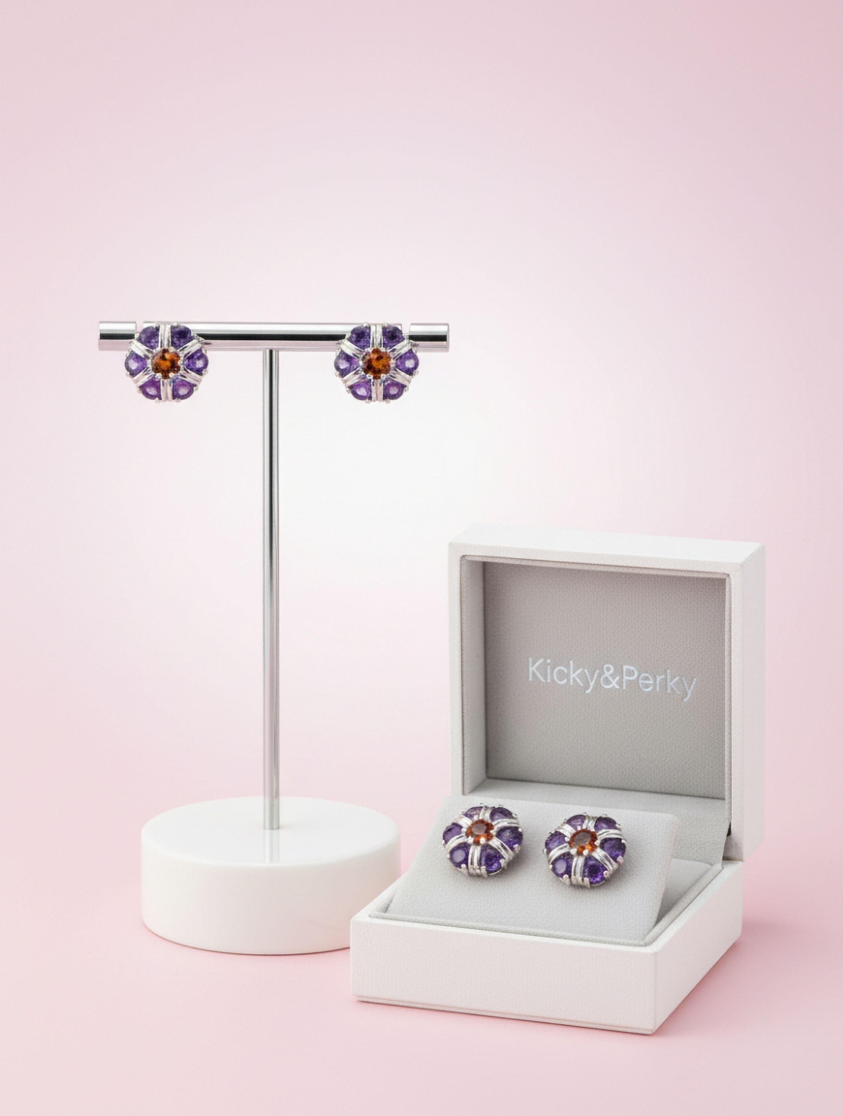 Amethyst and Citrine Studs Earrings 925 Sterling Silver For Women