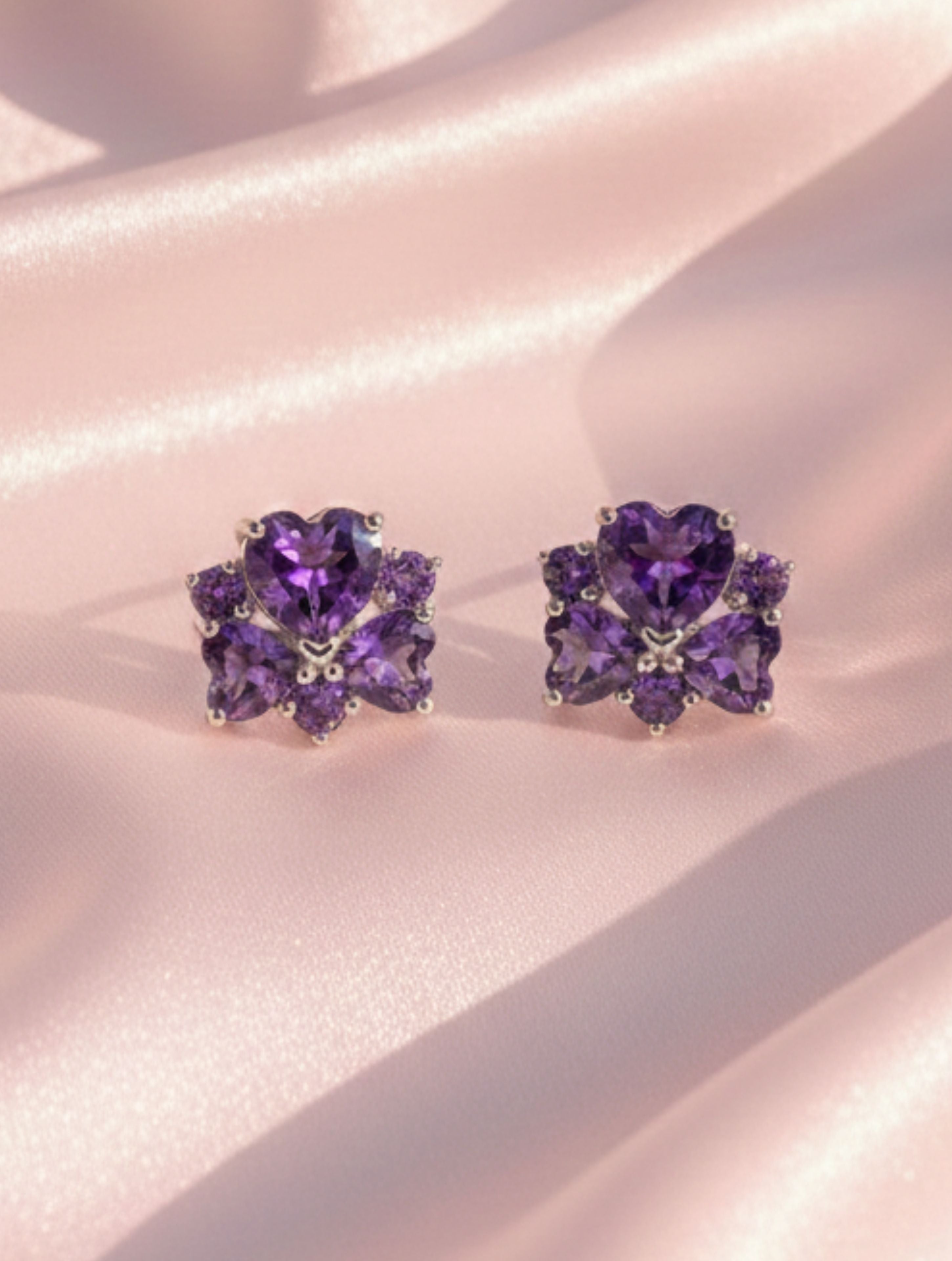 Heart-Shaped Natural Amethyst Floral Stud Earrings in 925 Sterling Silver