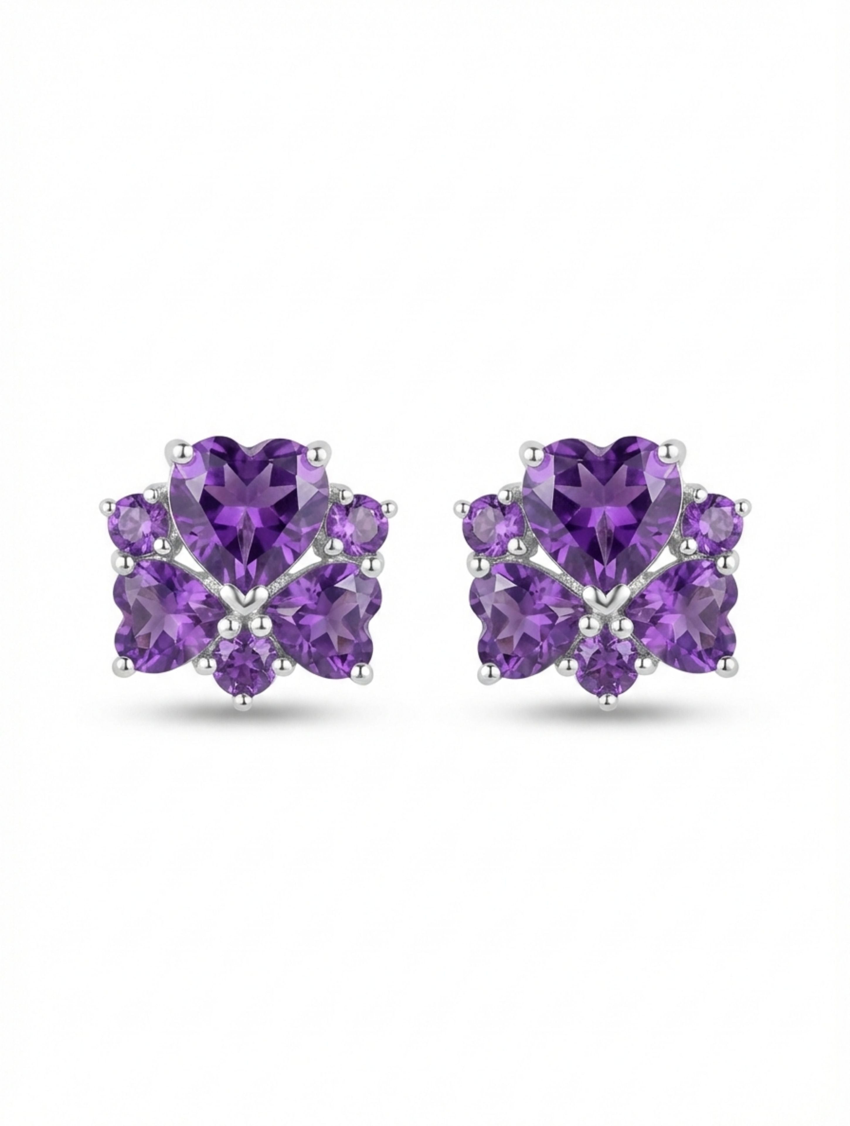 Heart-Shaped Natural Amethyst Floral Stud Earrings in 925 Sterling Silver