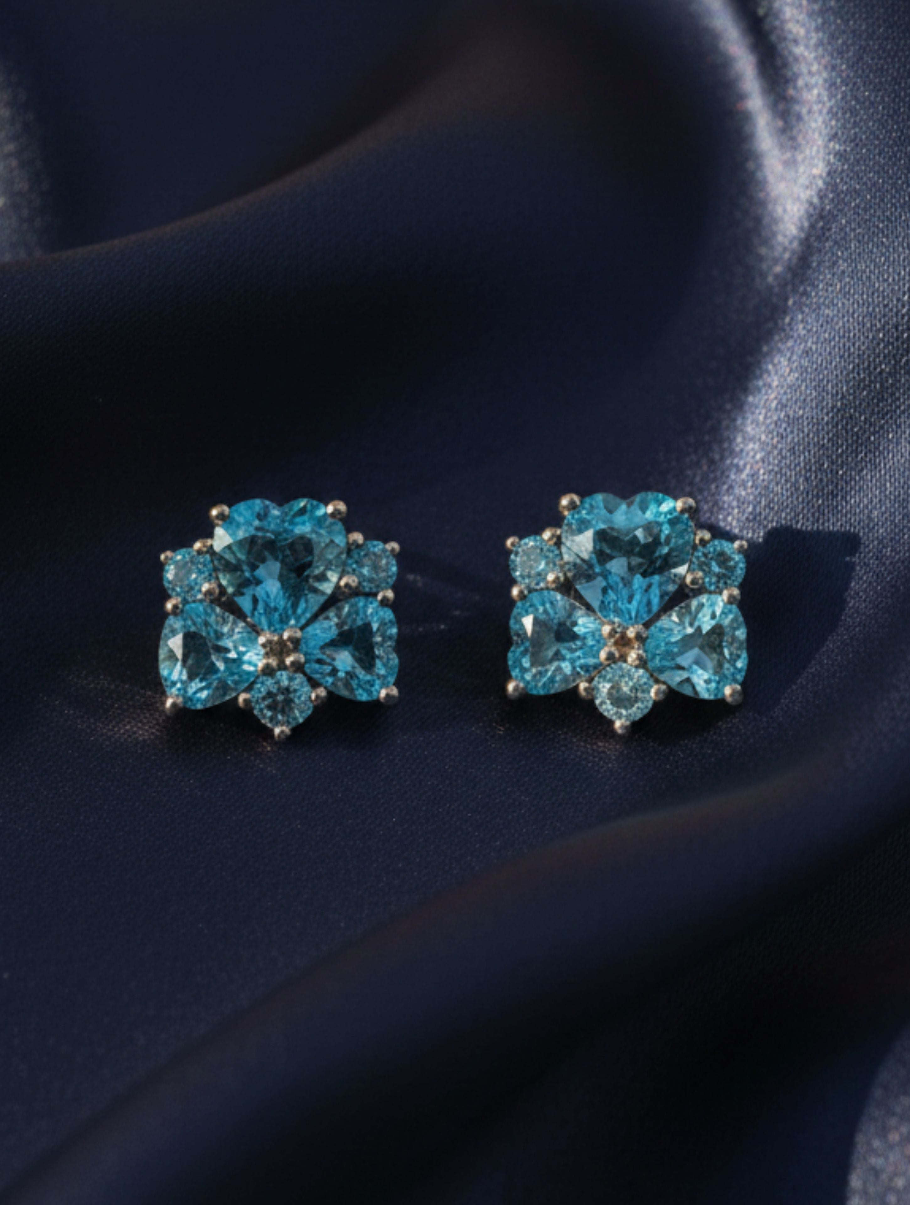 Heart-Shaped Natural Blue Topaz Cluster Studs in 925 Sterling Silver