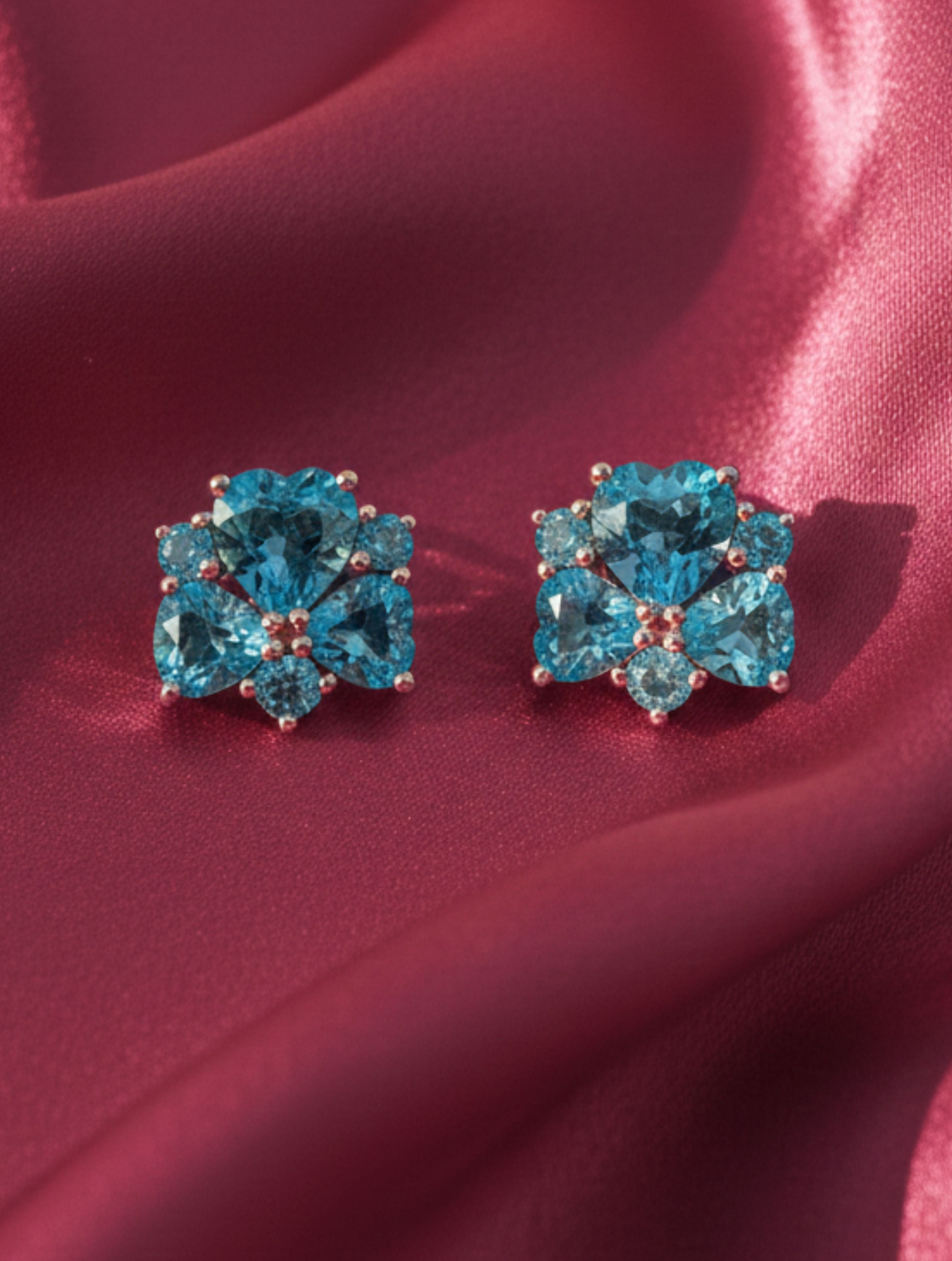 Heart-Shaped Natural Blue Topaz Cluster Studs in 925 Sterling Silver