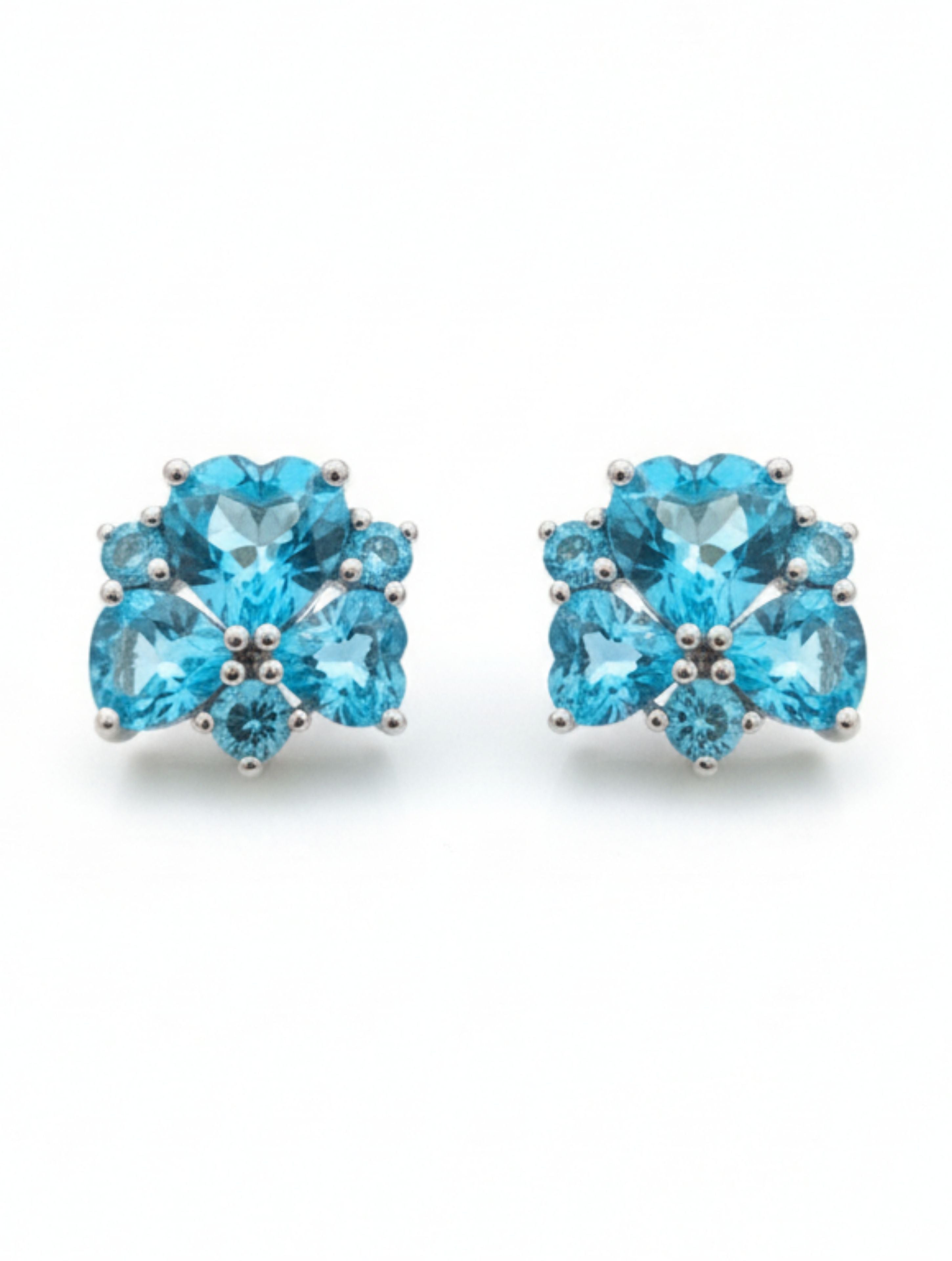 Heart-Shaped Natural Blue Topaz Cluster Studs in 925 Sterling Silver