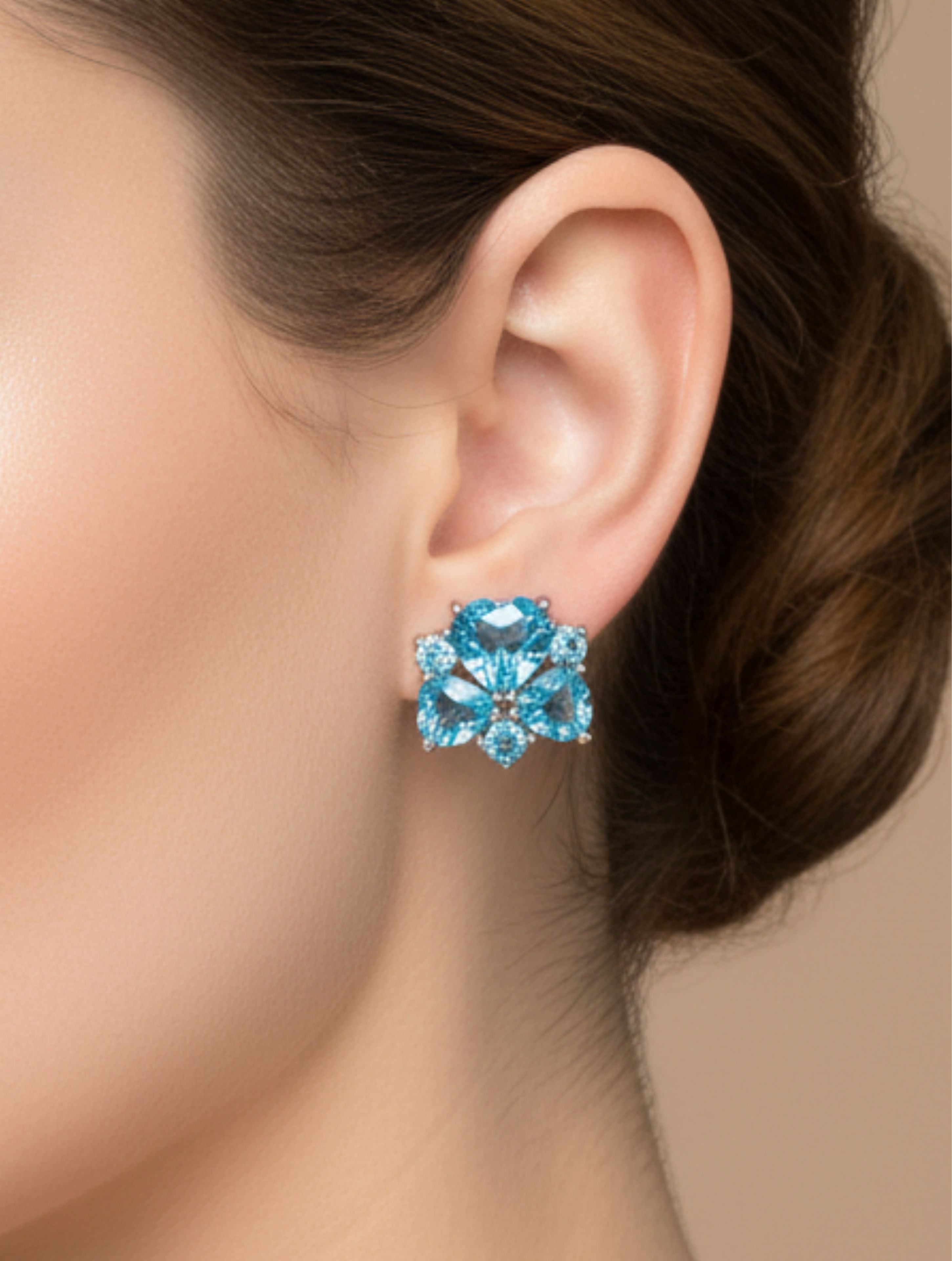 Heart-Shaped Natural Blue Topaz Cluster Studs in 925 Sterling Silver