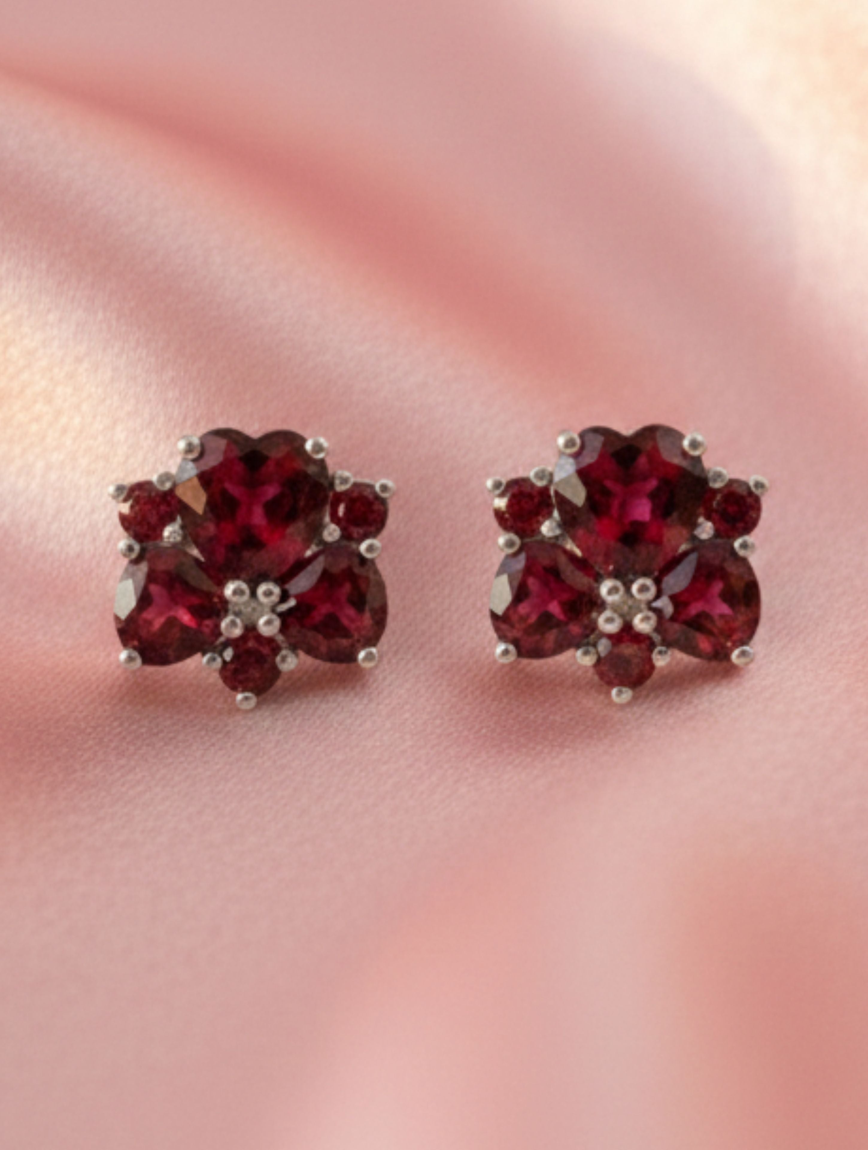Natural Garnet Floral Cluster Stud Earrings in 925 Sterling Silver