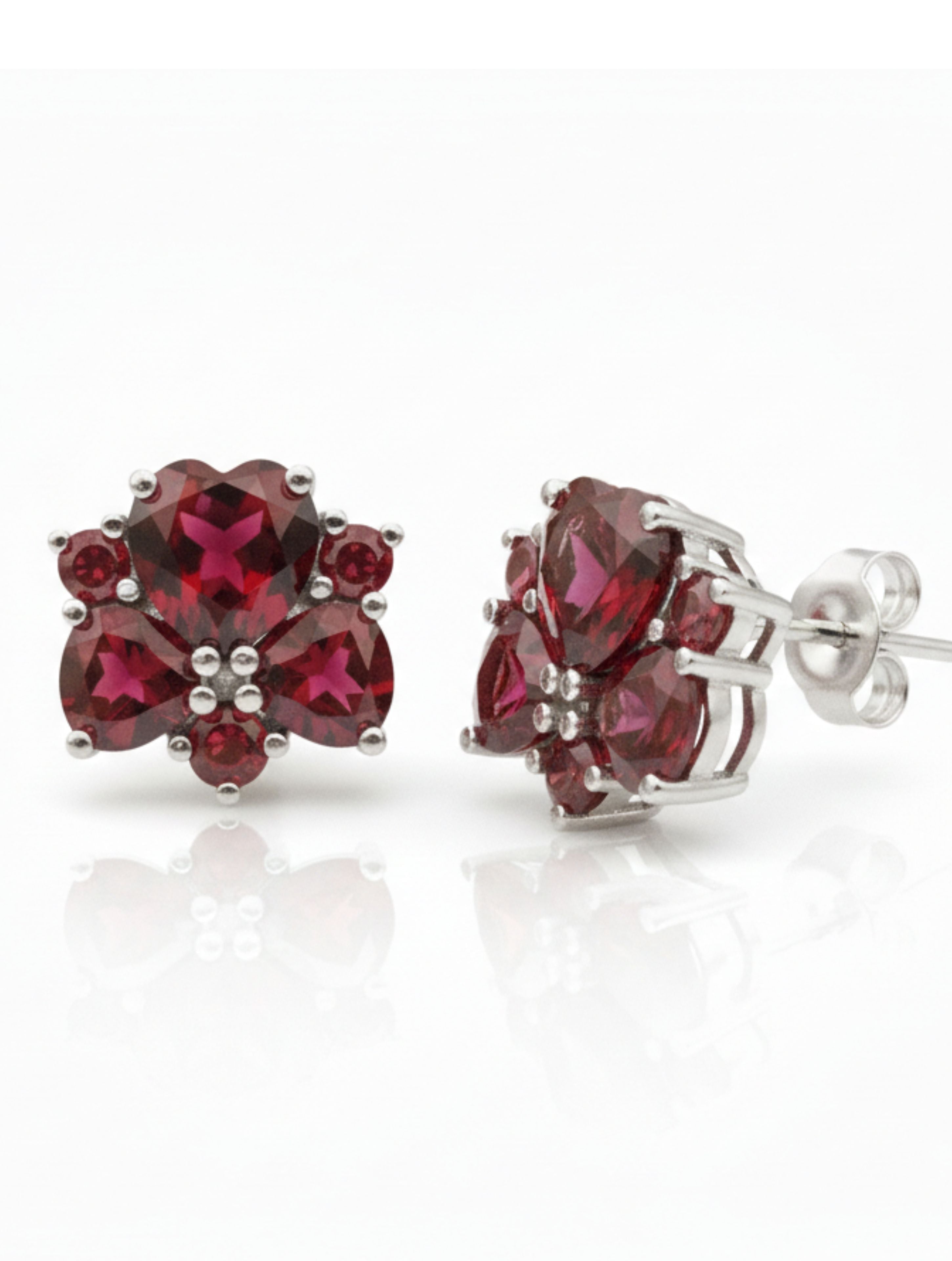 Natural Garnet Floral Cluster Stud Earrings in 925 Sterling Silver