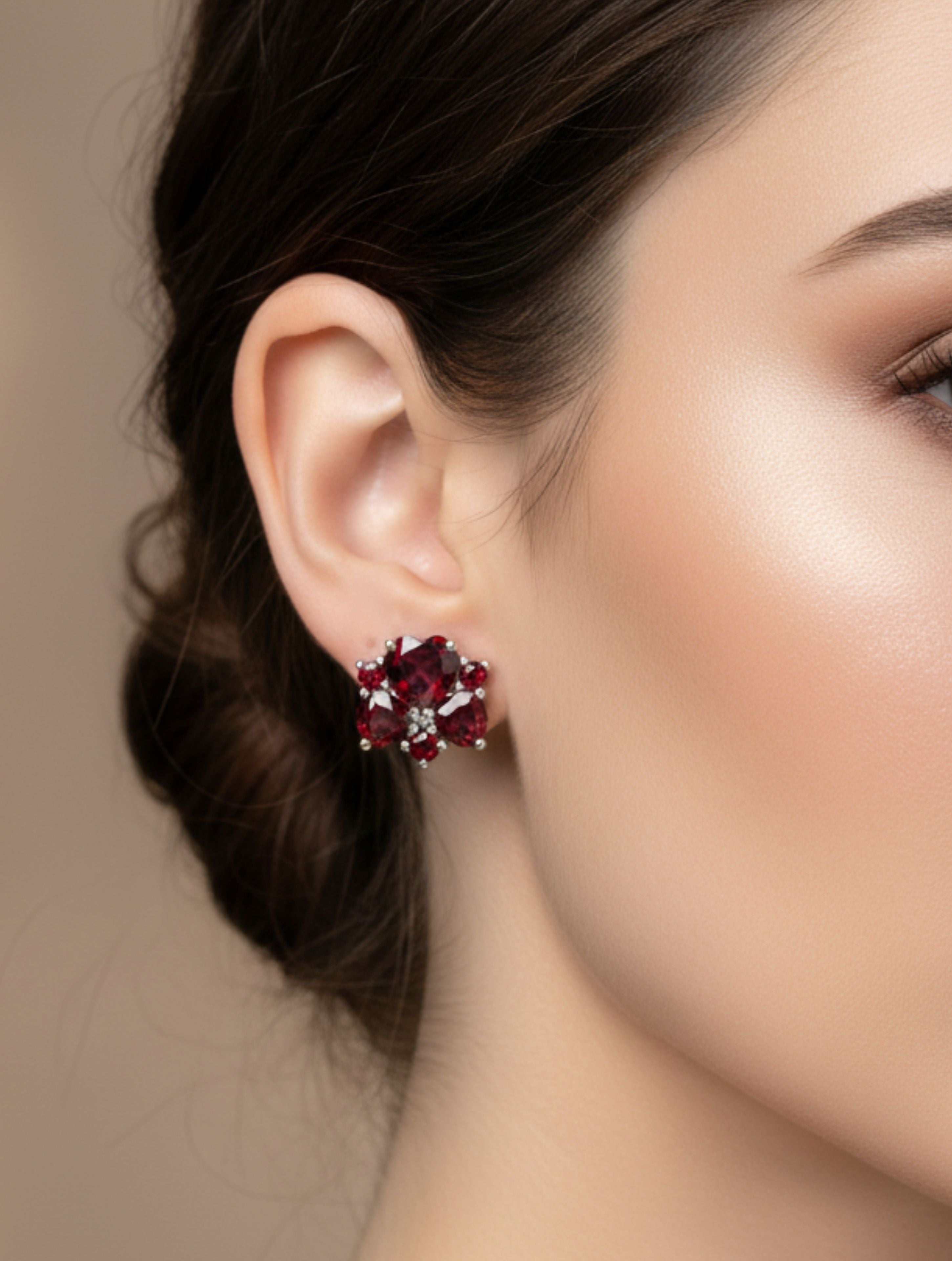 Natural Garnet Floral Cluster Stud Earrings in 925 Sterling Silver