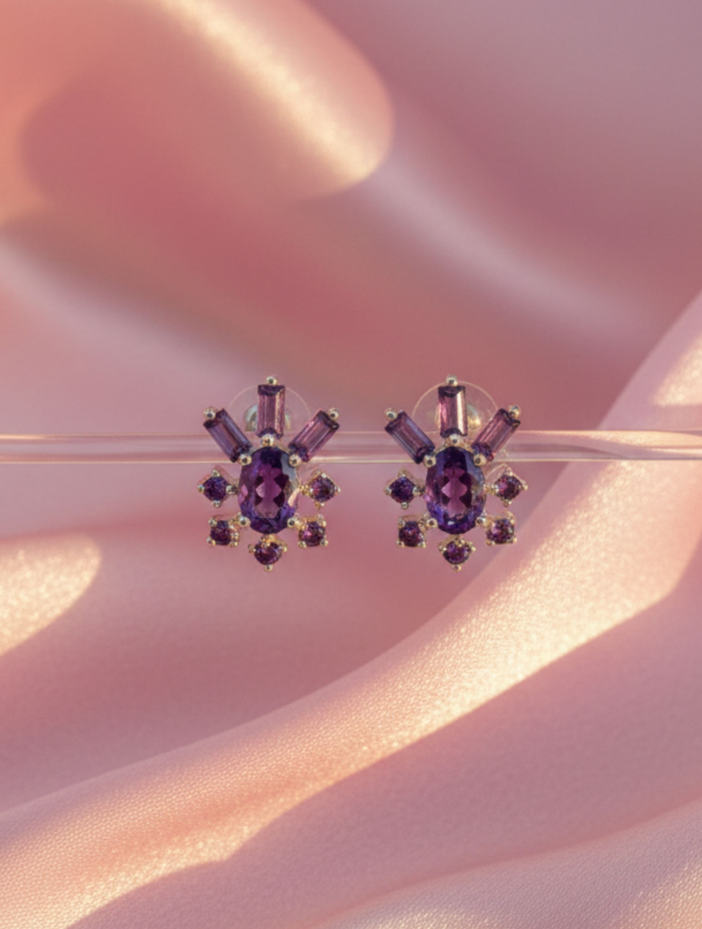 Natural Amethyst Sunburst Studs in 925 Sterling Silver