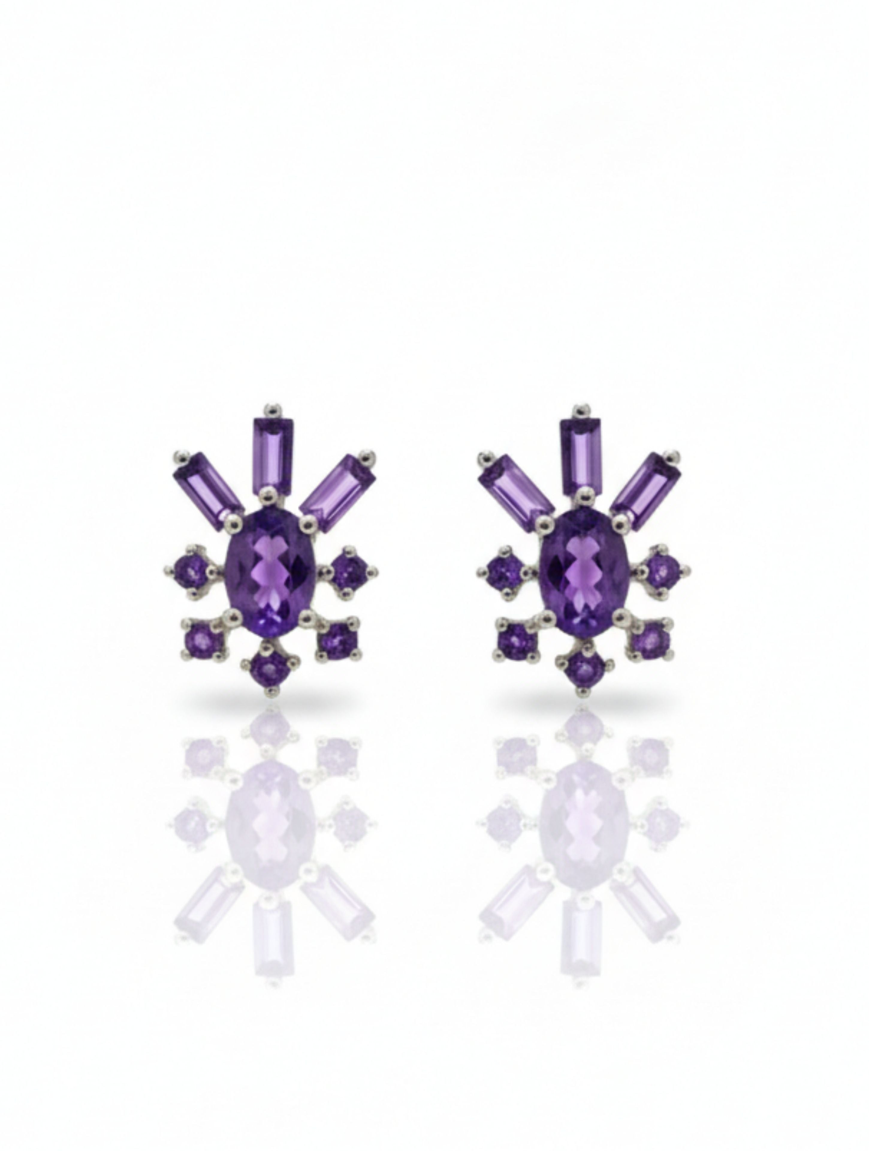 Natural Amethyst Sunburst Studs in 925 Sterling Silver