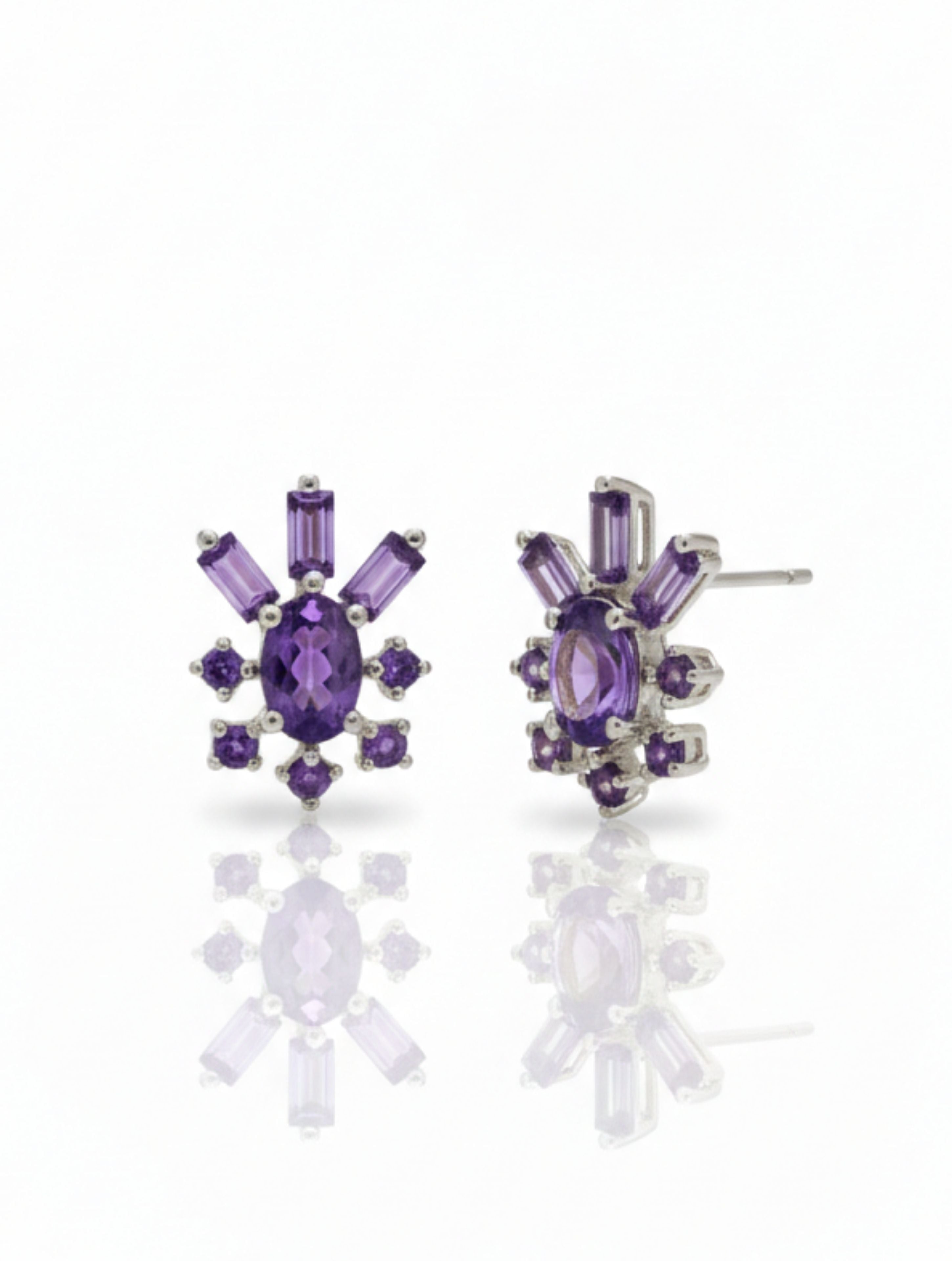Natural Amethyst Sunburst Studs in 925 Sterling Silver