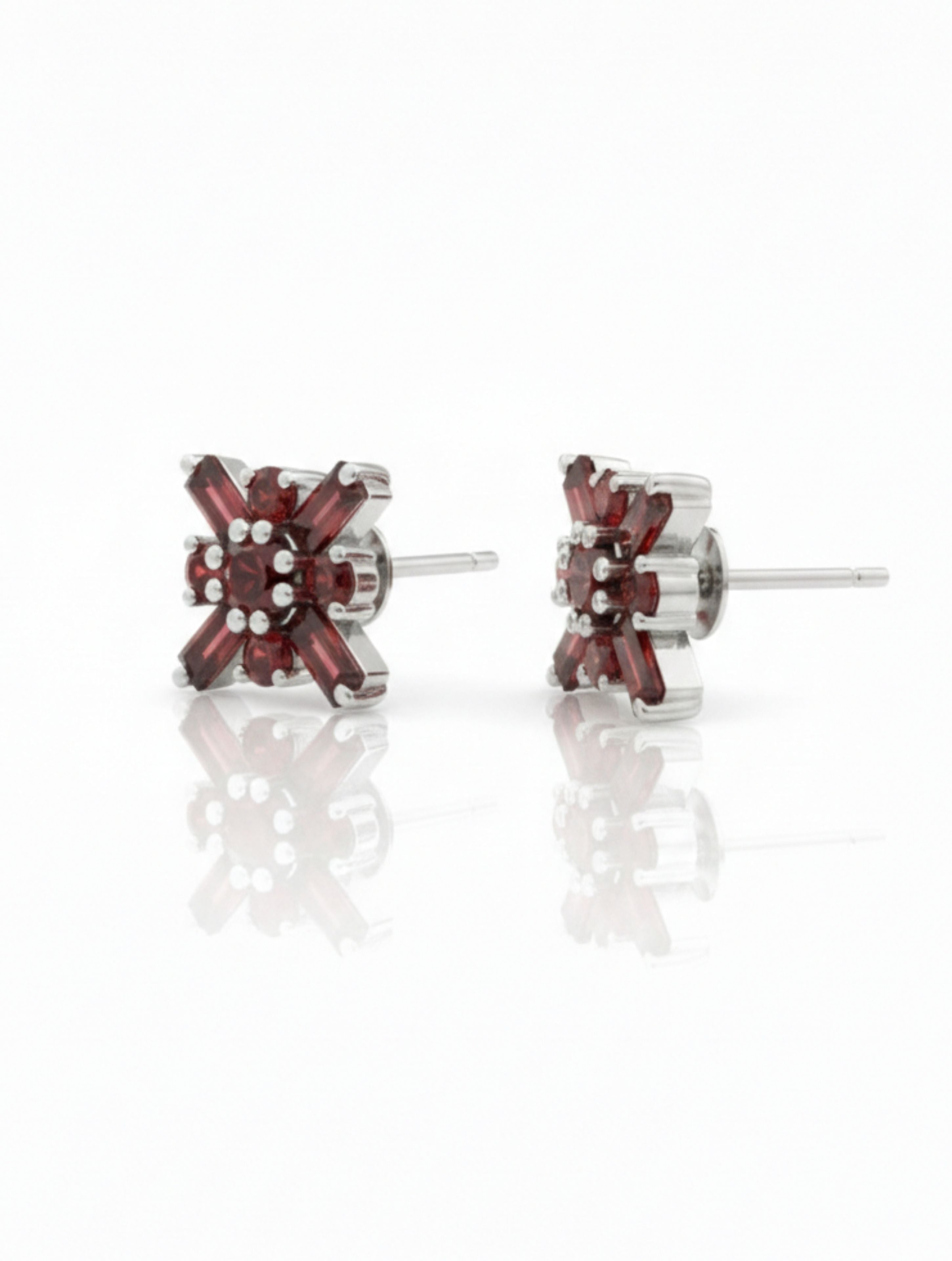 Red Garnet Geometric Stud Earrings in 925 Sterling Silver