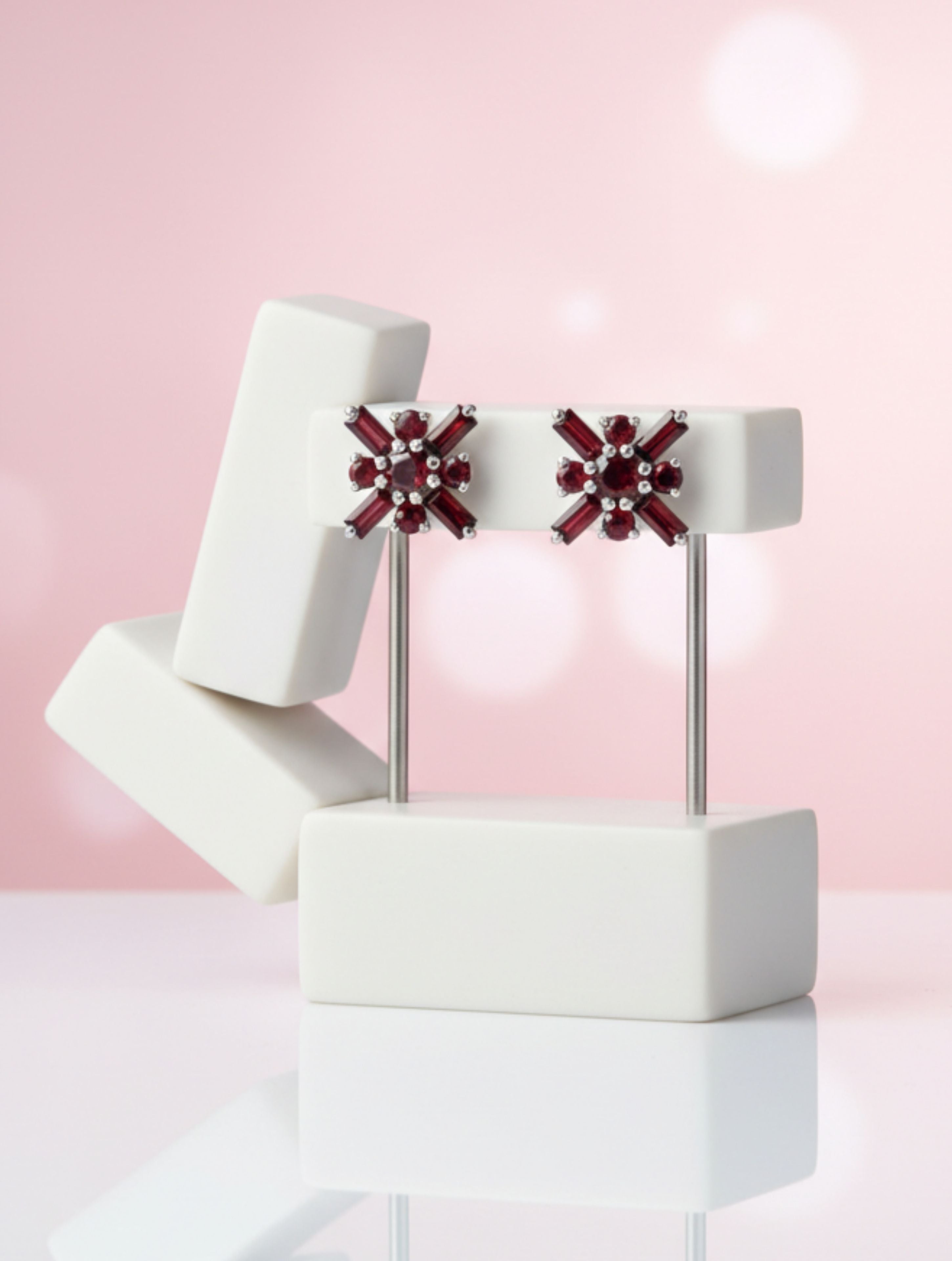 Red Garnet Geometric Stud Earrings in 925 Sterling Silver