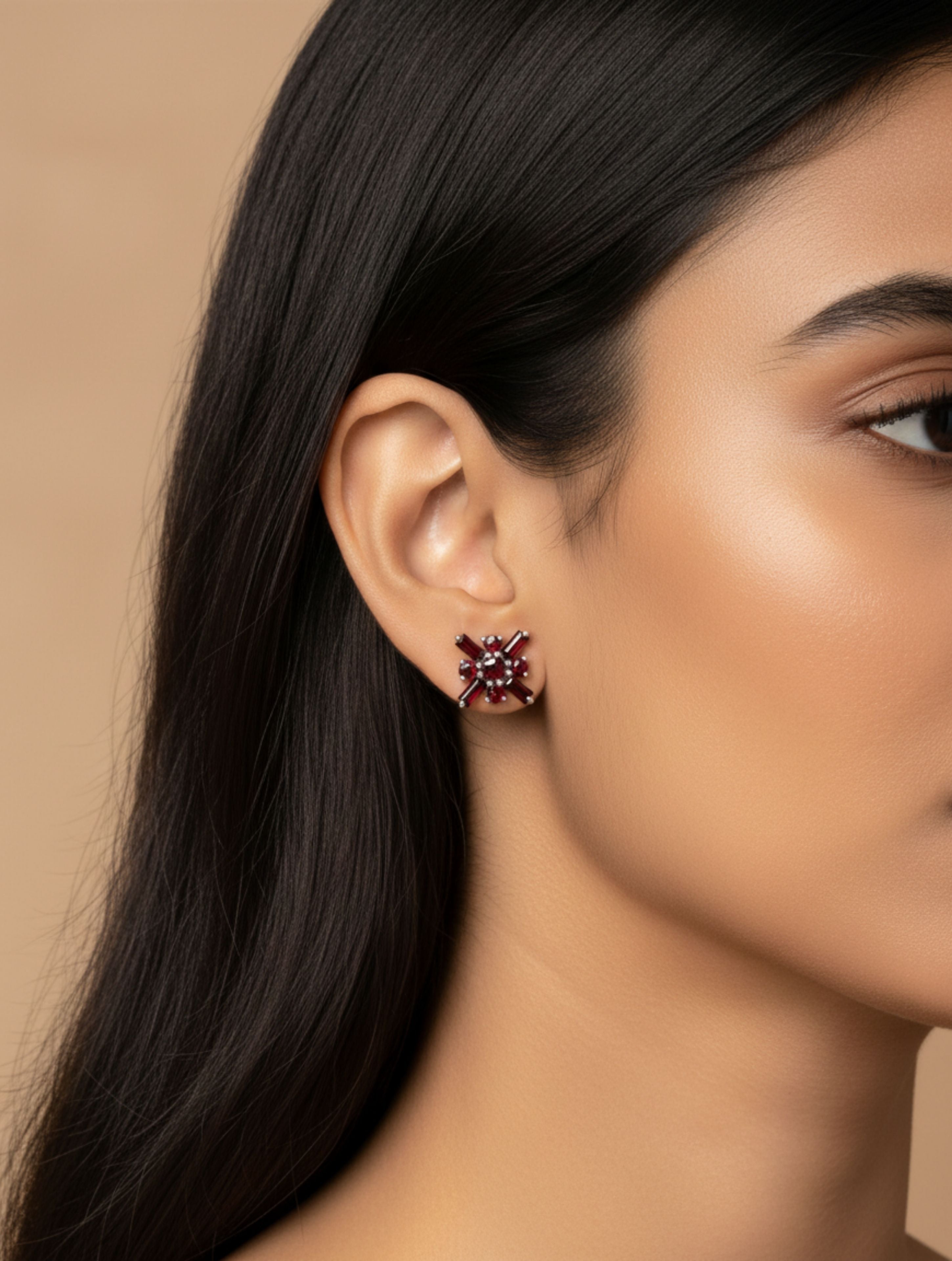 Red Garnet Geometric Stud Earrings in 925 Sterling Silver