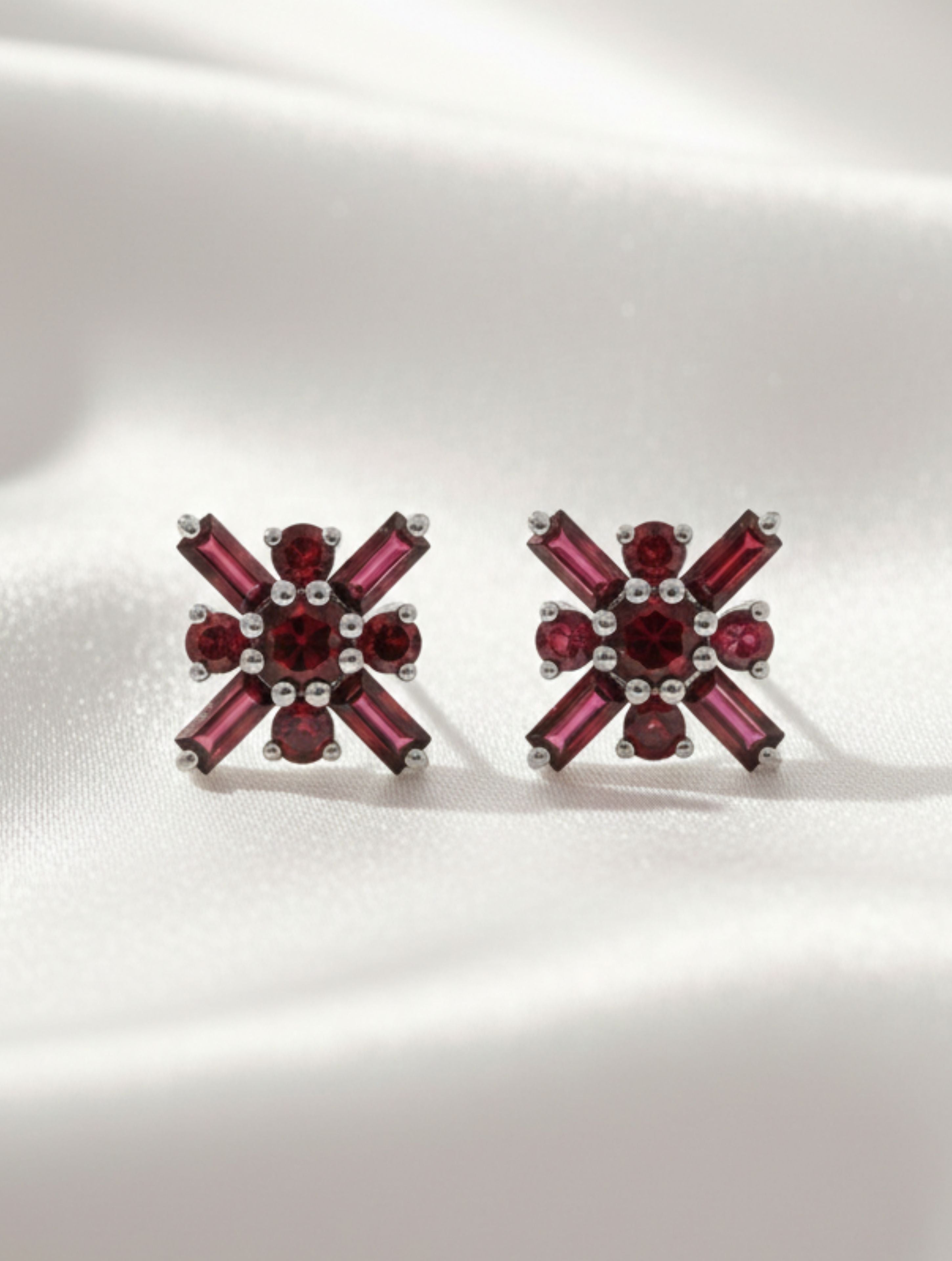 Red Garnet Geometric Stud Earrings in 925 Sterling Silver