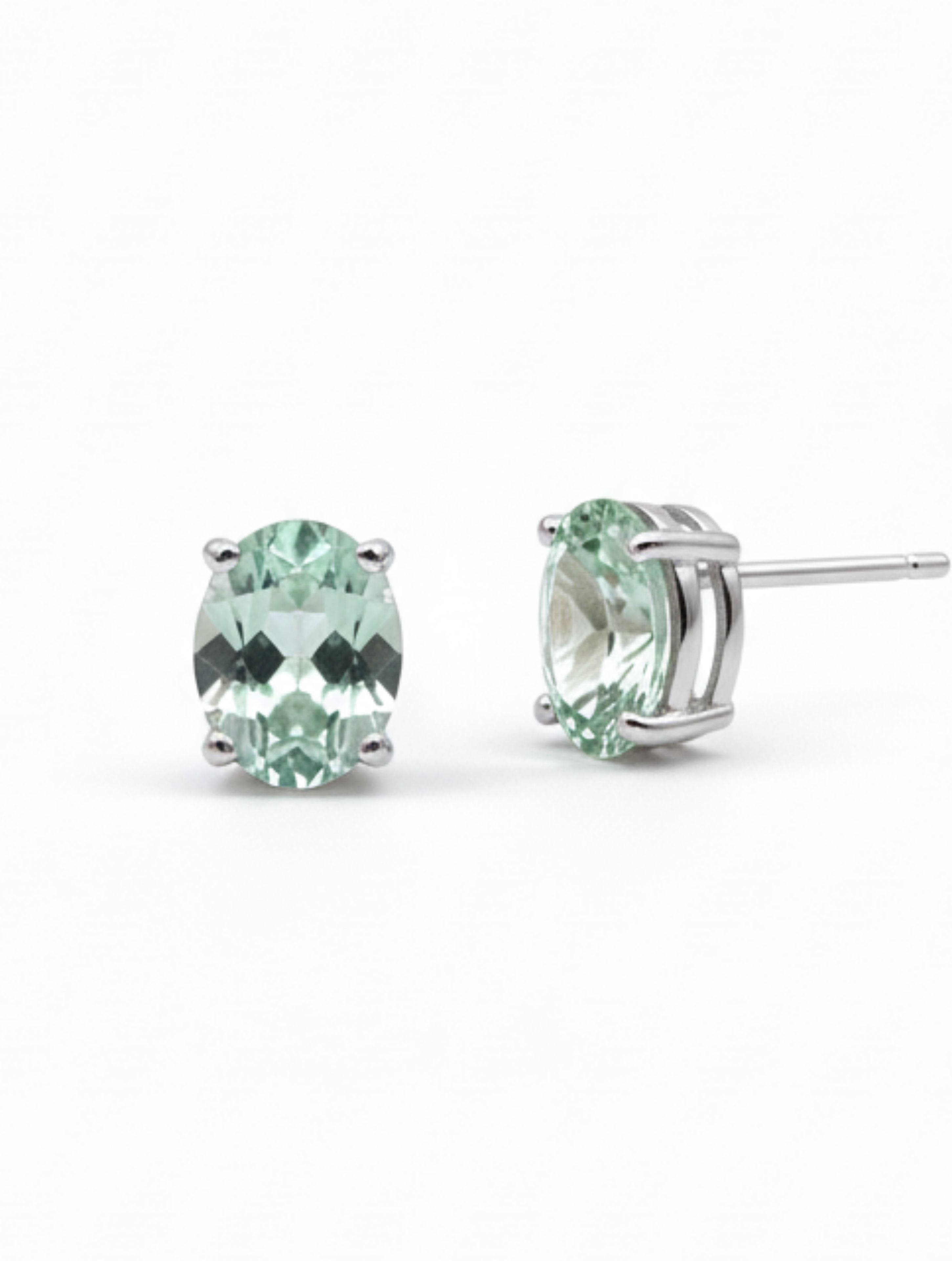 Natural Green Amethyst Oval Stud Earrings in 925 Sterling Silver