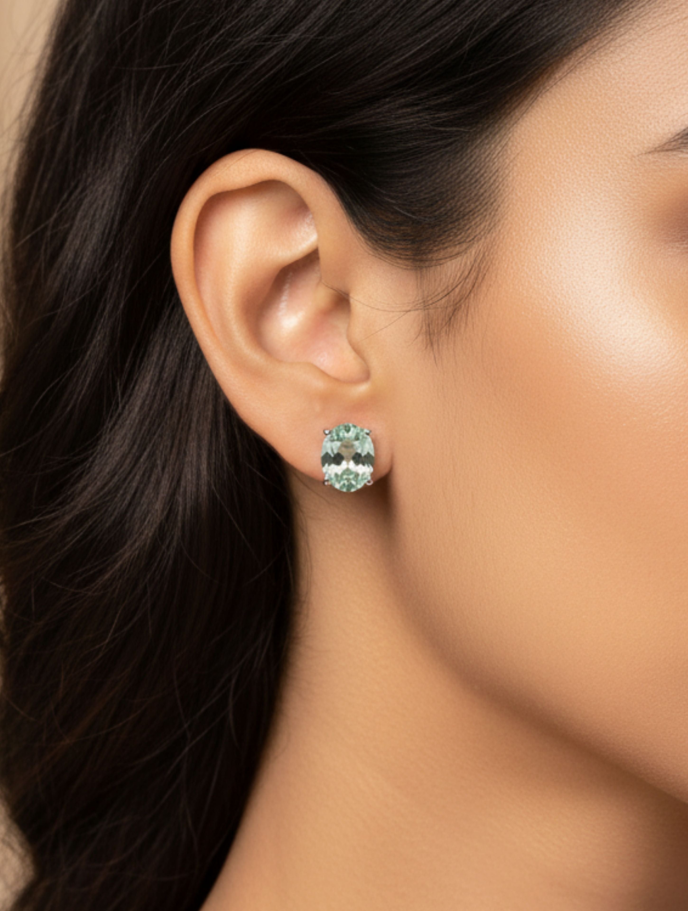 Natural Green Amethyst Oval Stud Earrings in 925 Sterling Silver