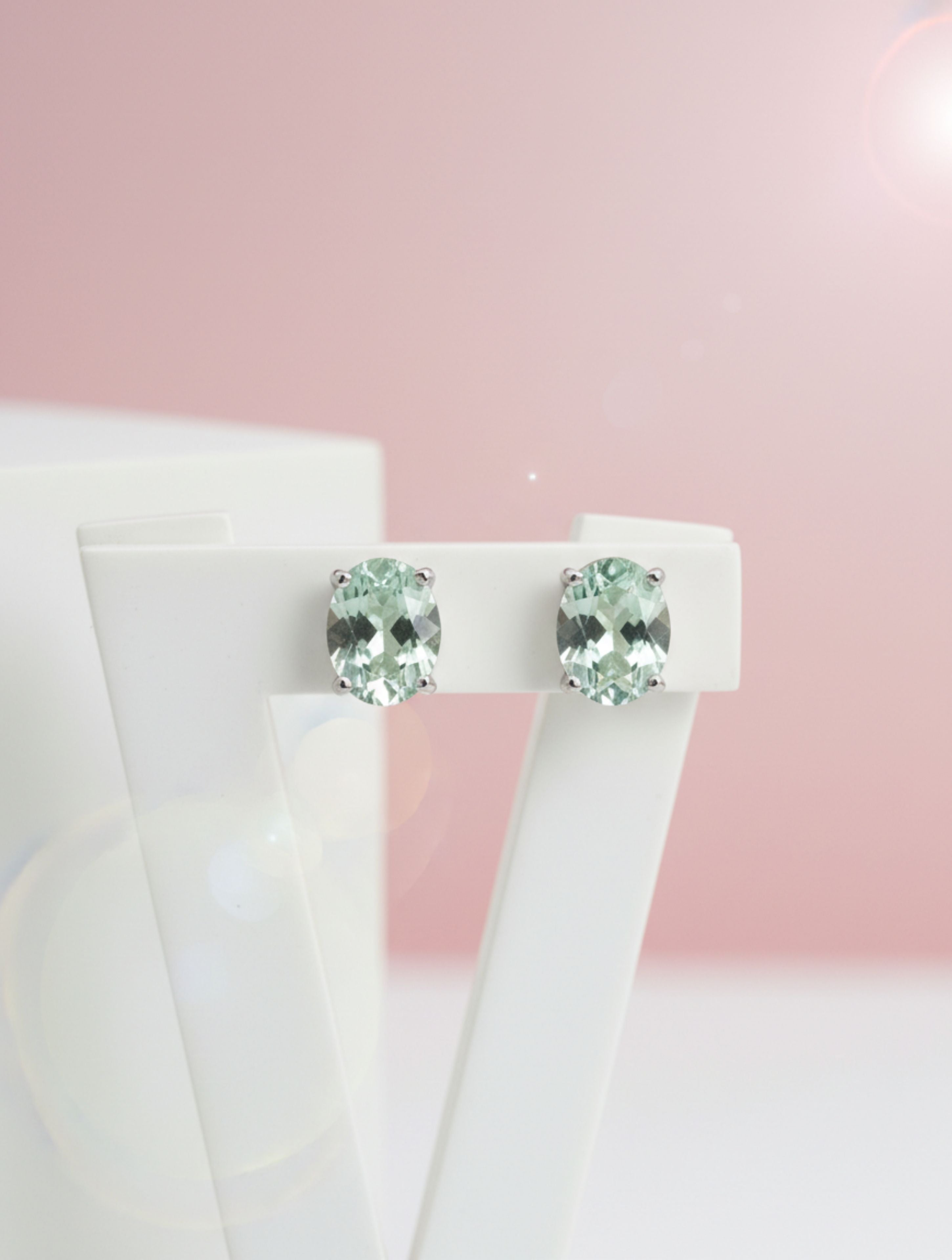 Natural Green Amethyst Oval Stud Earrings in 925 Sterling Silver