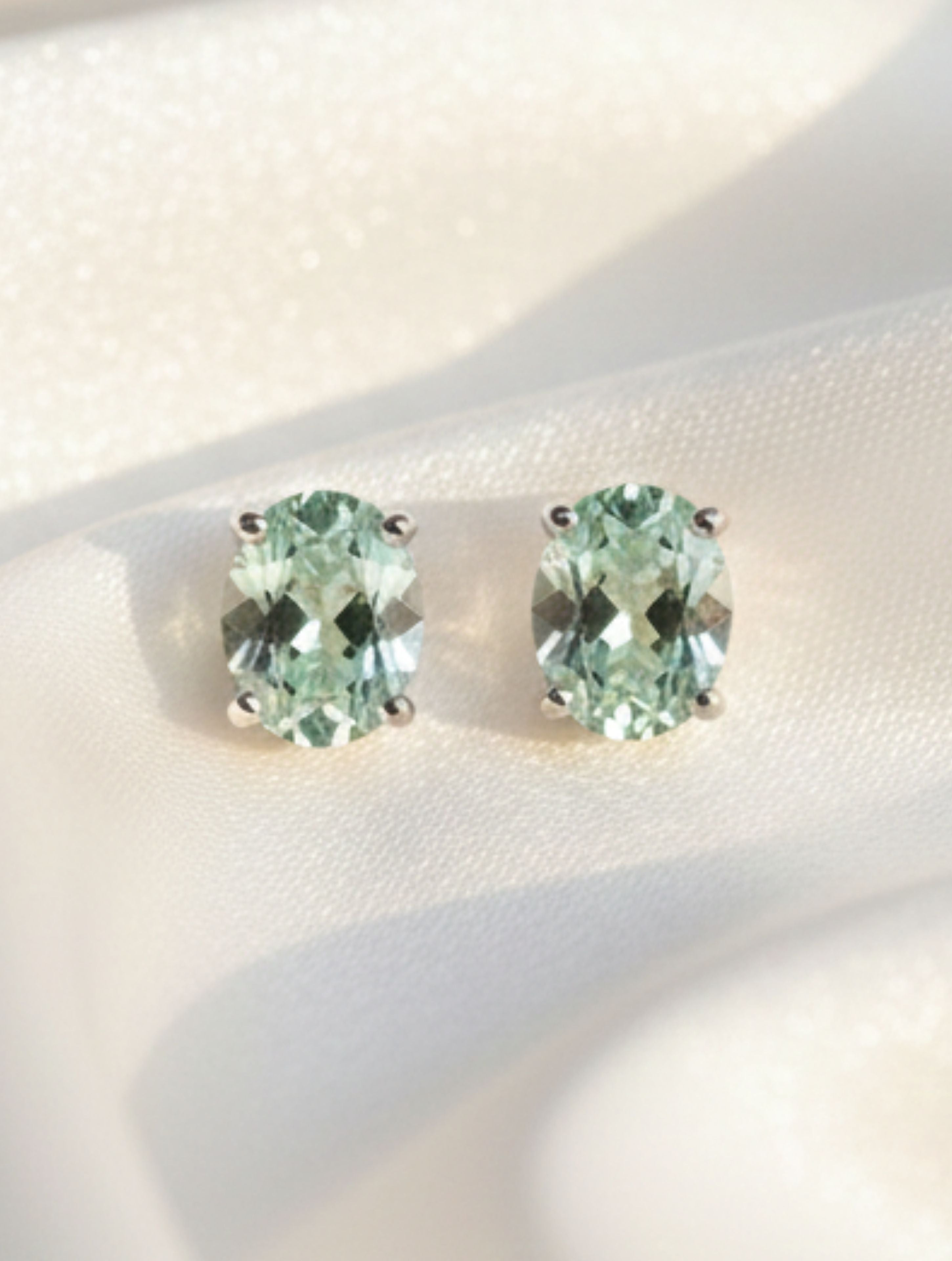 Natural Green Amethyst Oval Stud Earrings in 925 Sterling Silver