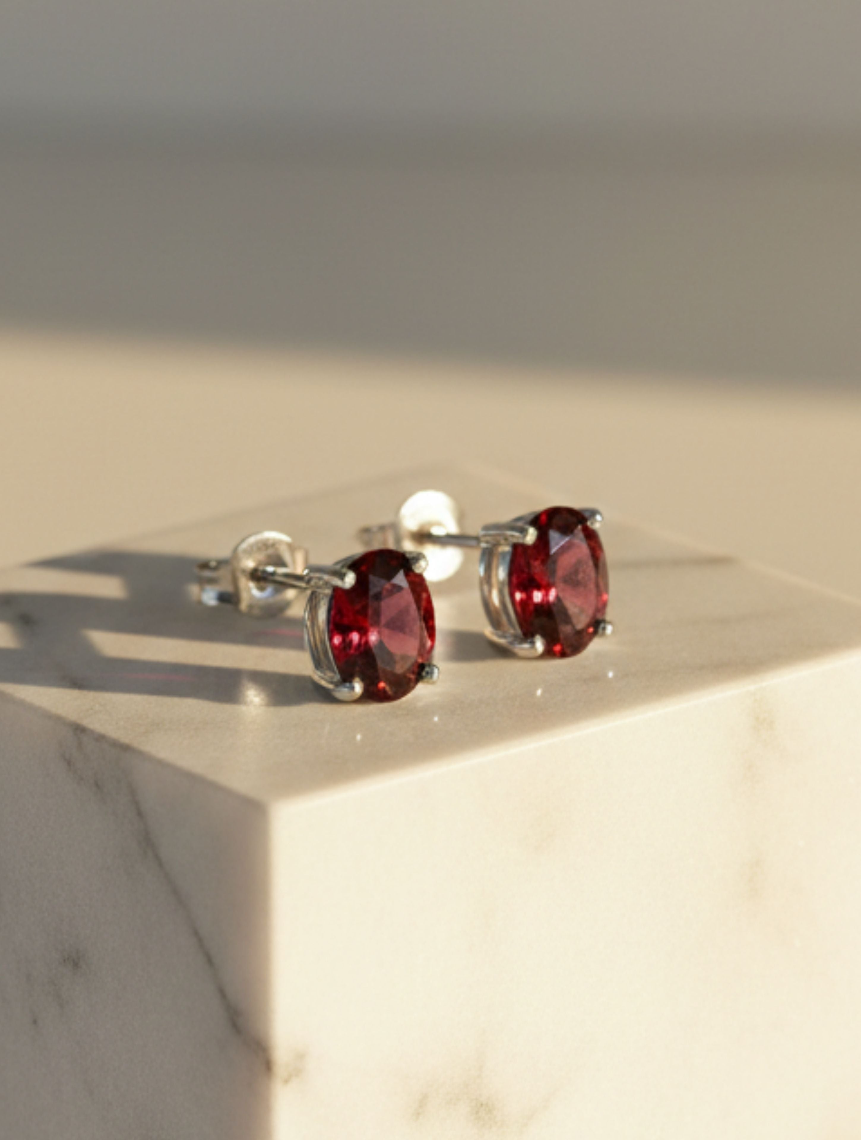 Natural Garnet Oval Stud Earrings in 925 Sterling Silver