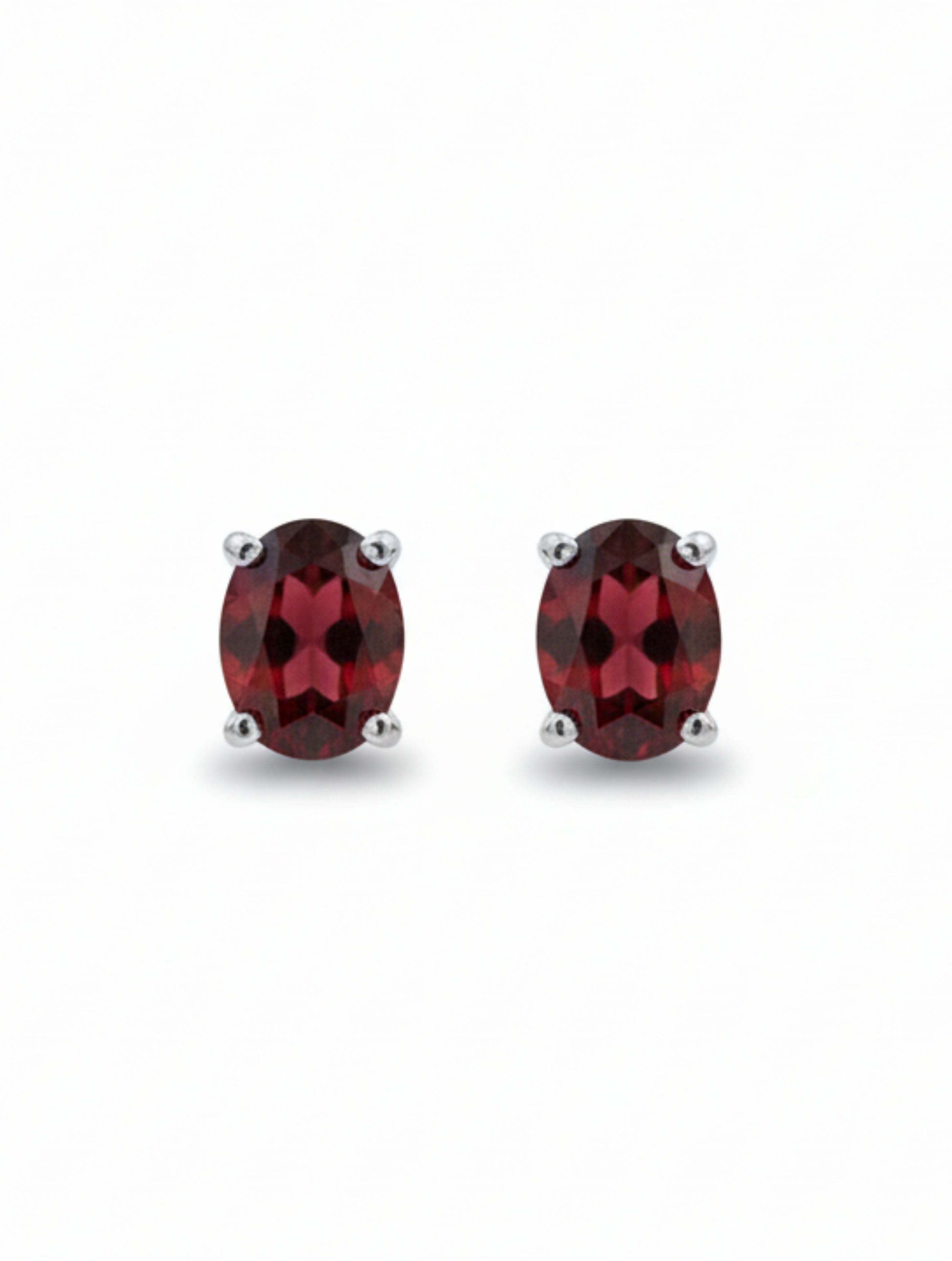 Natural Garnet Oval Stud Earrings in 925 Sterling Silver