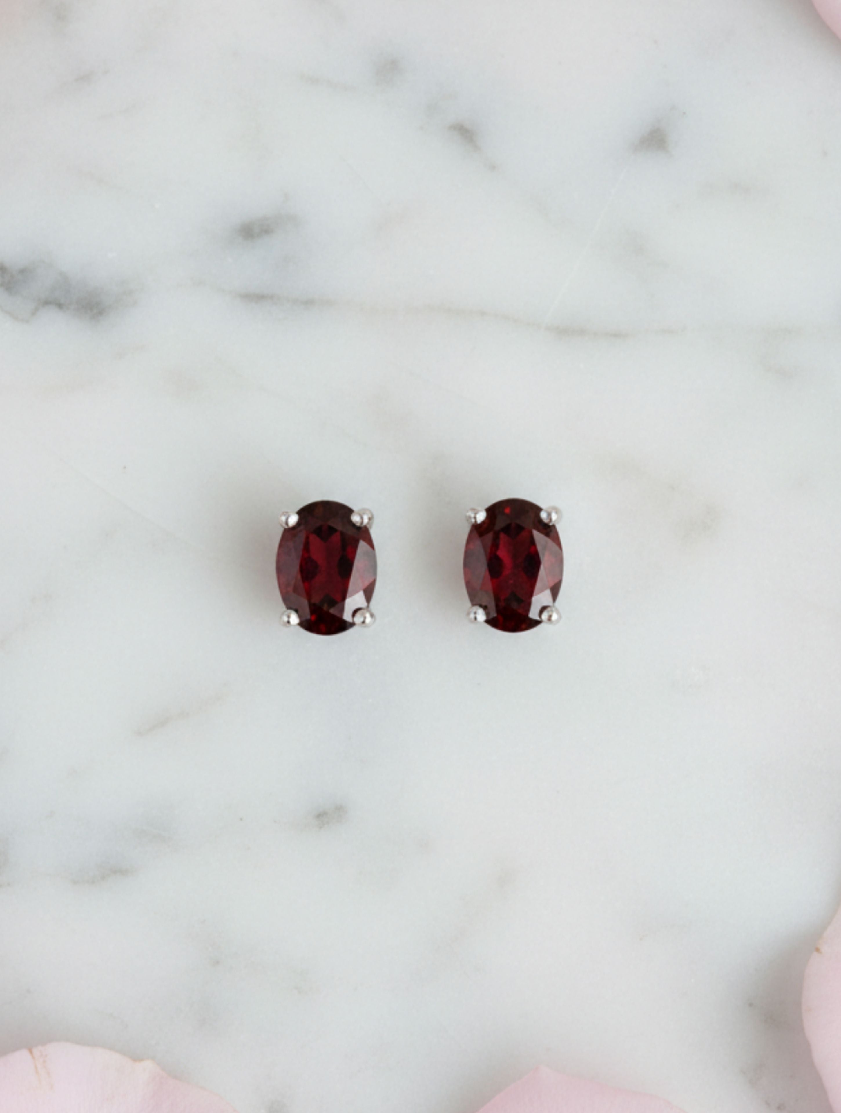 Natural Garnet Oval Stud Earrings in 925 Sterling Silver