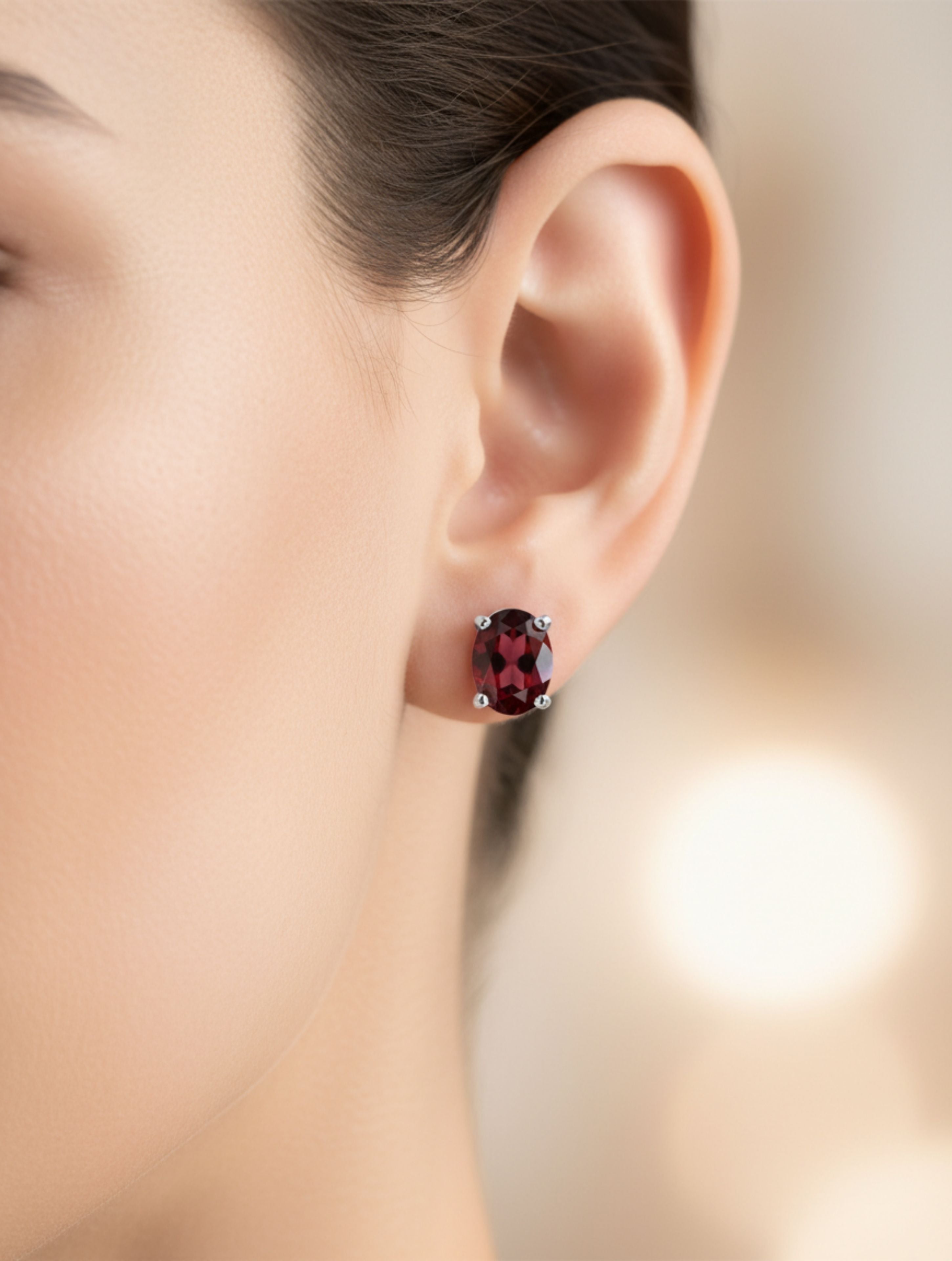 Natural Garnet Oval Stud Earrings in 925 Sterling Silver