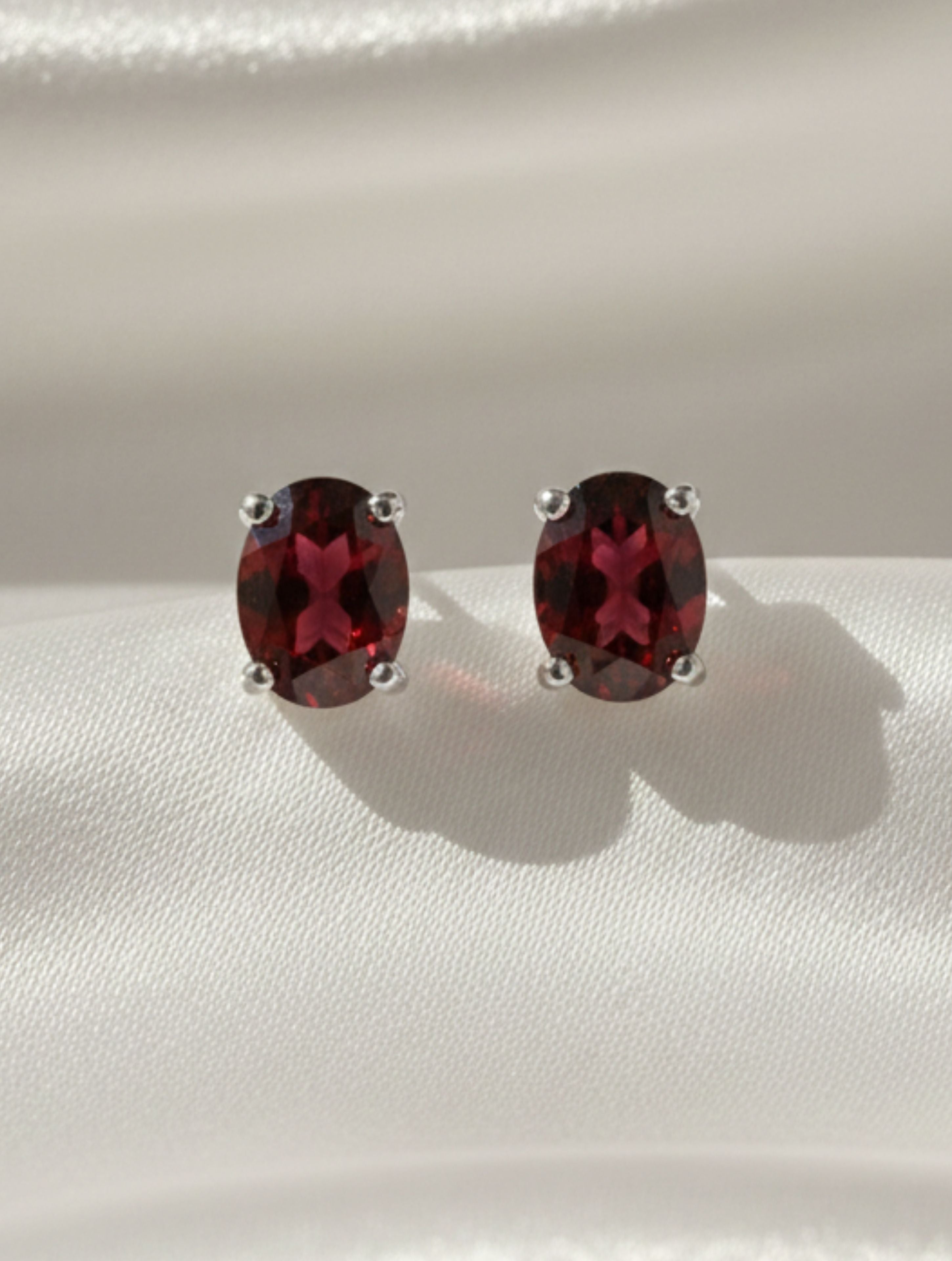 Natural Garnet Oval Stud Earrings in 925 Sterling Silver