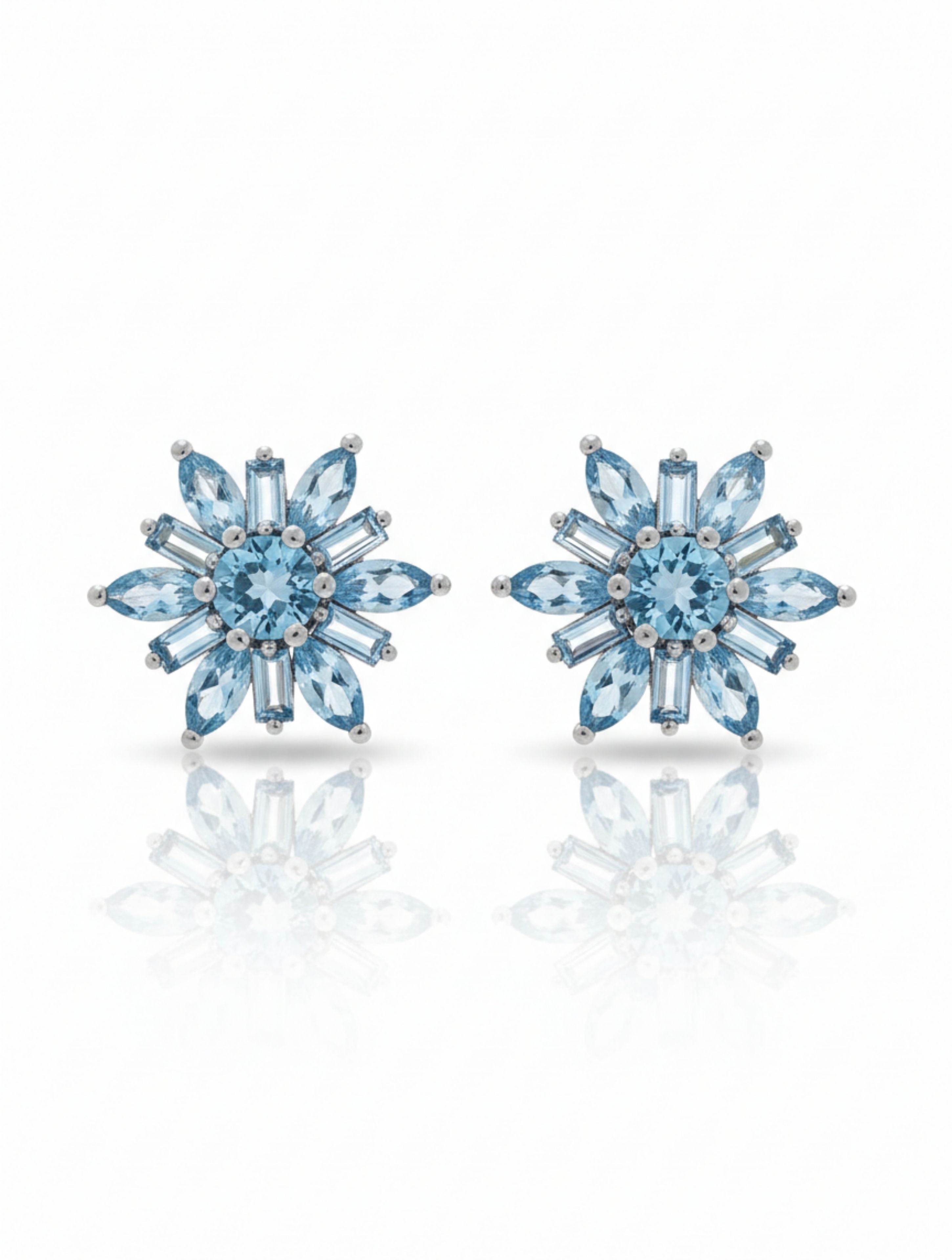 Natural Blue Topaz Snowflake Stud Earrings in 925 Sterling Silver