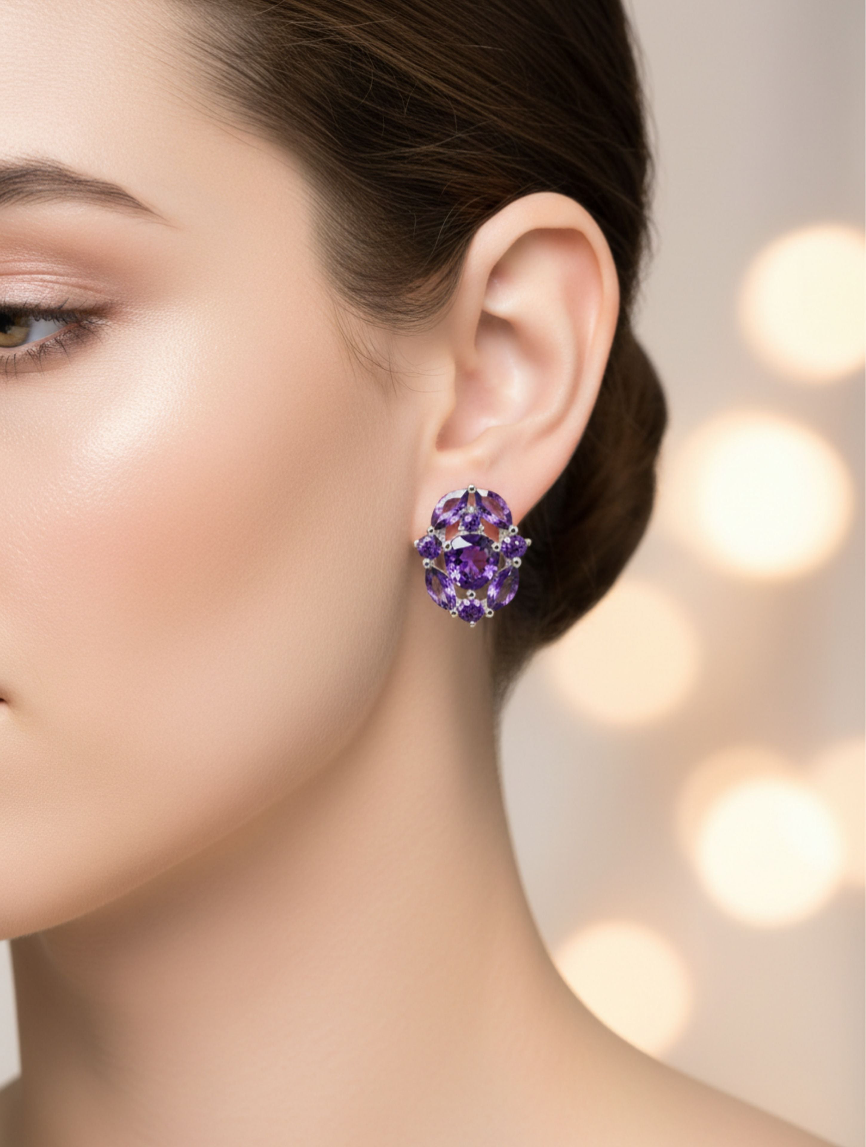 Oval Amethyst Cluster Stud Earrings in 925 Sterling Silver