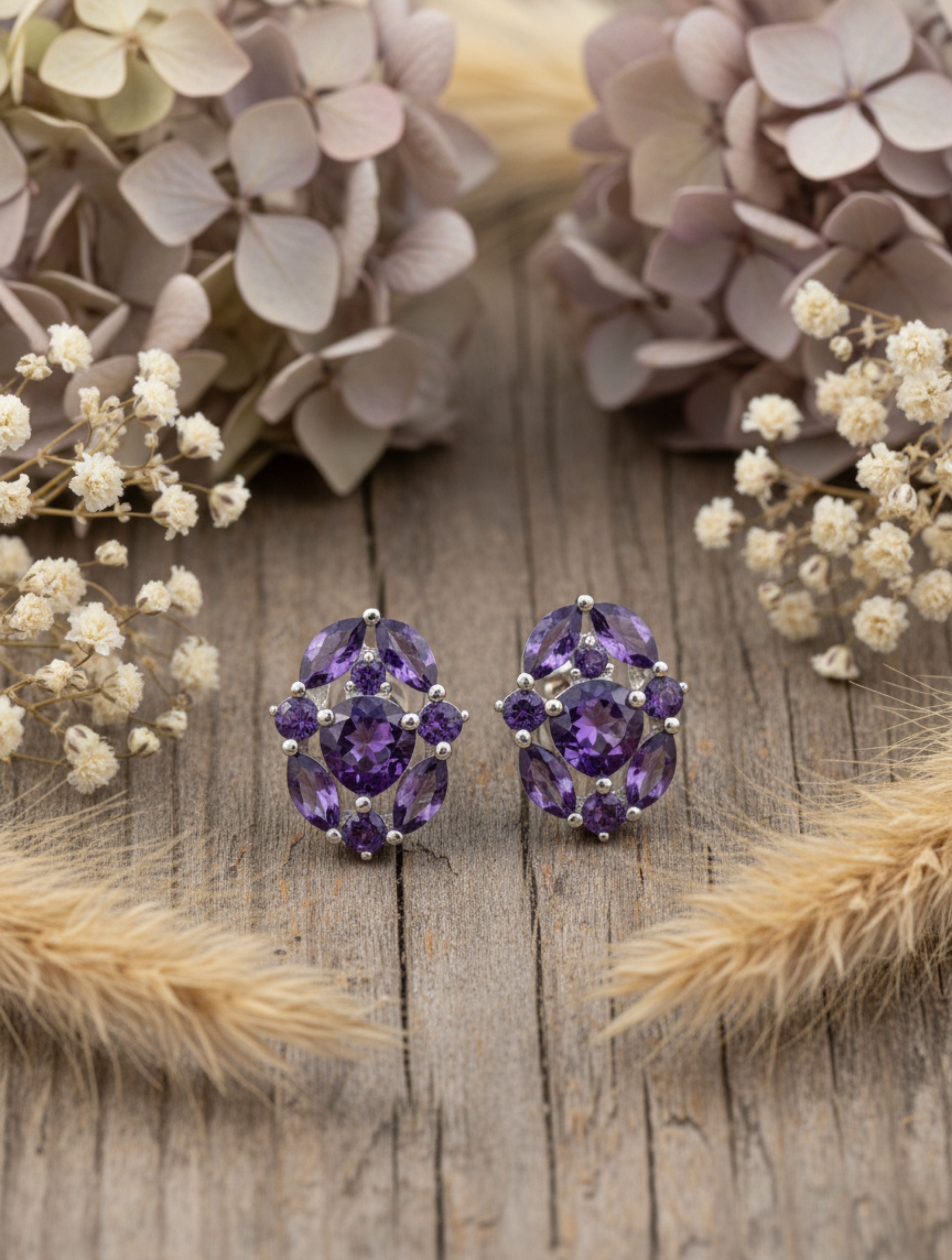 Oval Amethyst Cluster Stud Earrings in 925 Sterling Silver